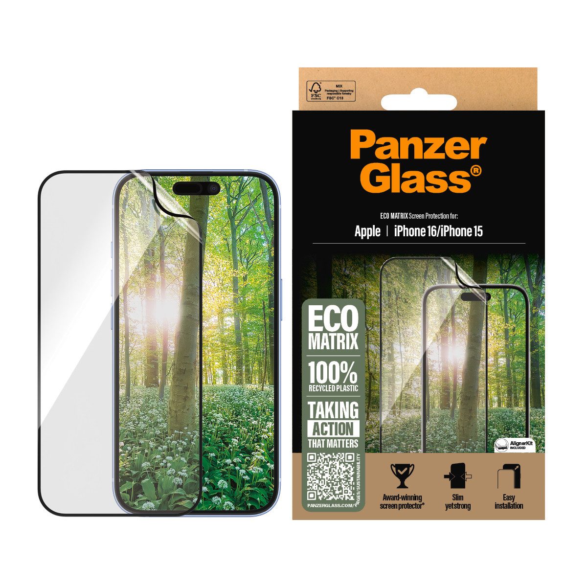 PanzerGlass Displayschutzfolie ECO MATRIX Screen Protection für Apple iPhone 15, Apple iPhone 16, Displayschutz, Schutzfolie, Bildschirmschutz, kratz- & stoßfest