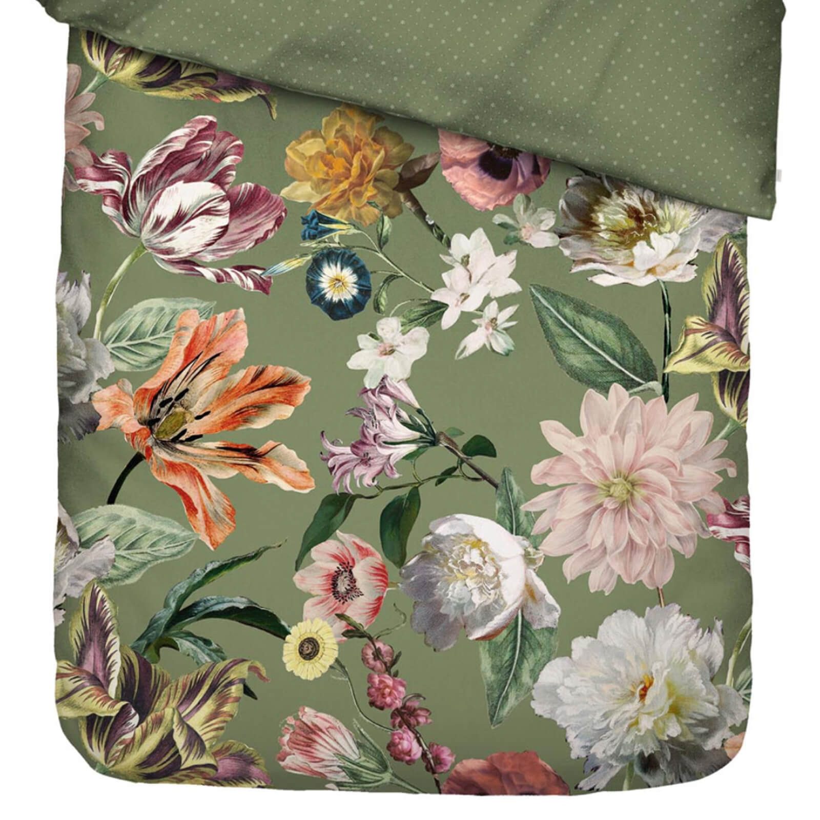 Essenza Bettwäsche Filou Forest Green Satin, Satin, 2 teilig, Blumen, Rosen, Dahlien, Punkte