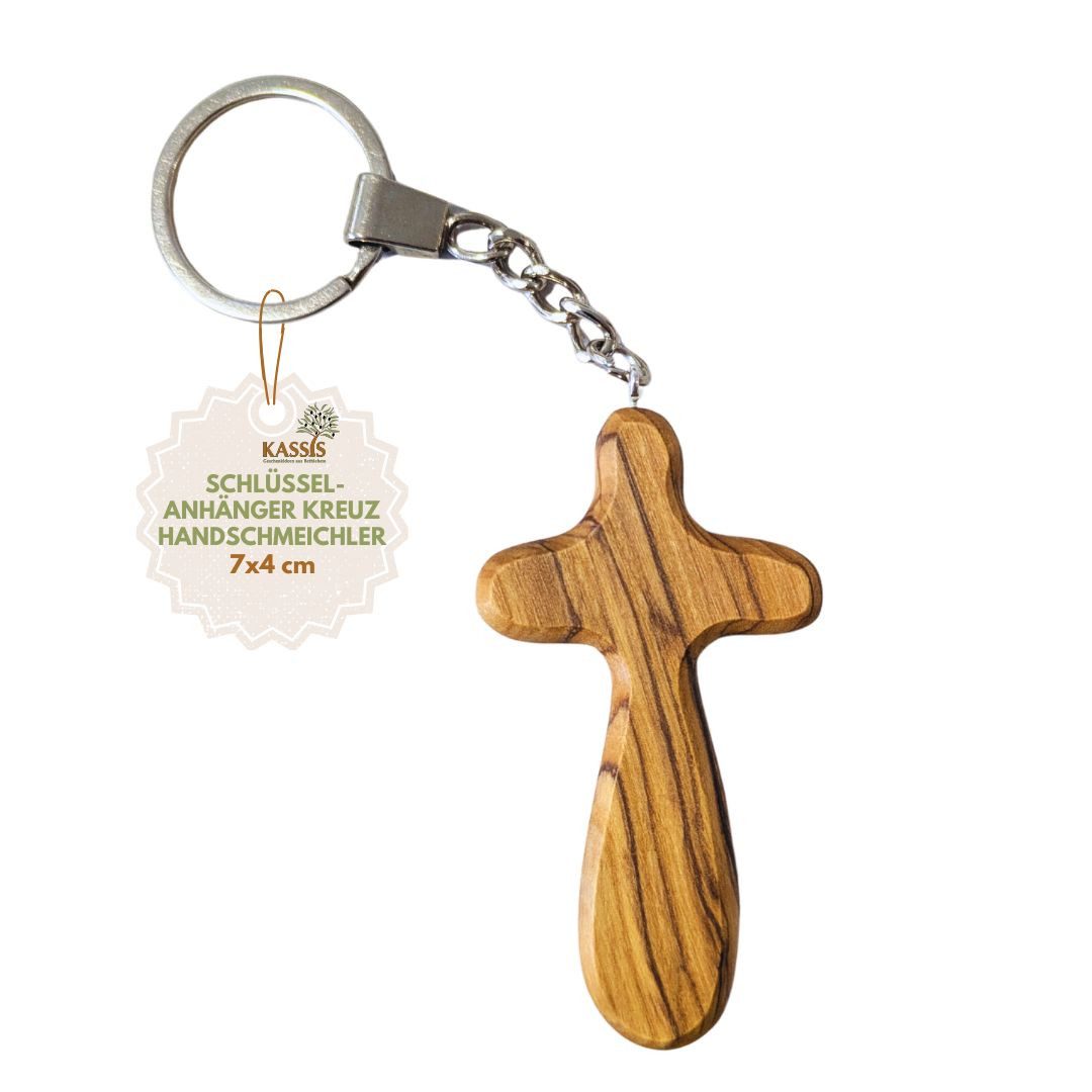 Kassis Geschenkartikel Schlüsselanhänger Kreuz Handschmeichler aus Olivenholz 7 cm Geschenk, Hergestellt in Bethlehem, Ideales Geschenk zu mehreren Anlässen