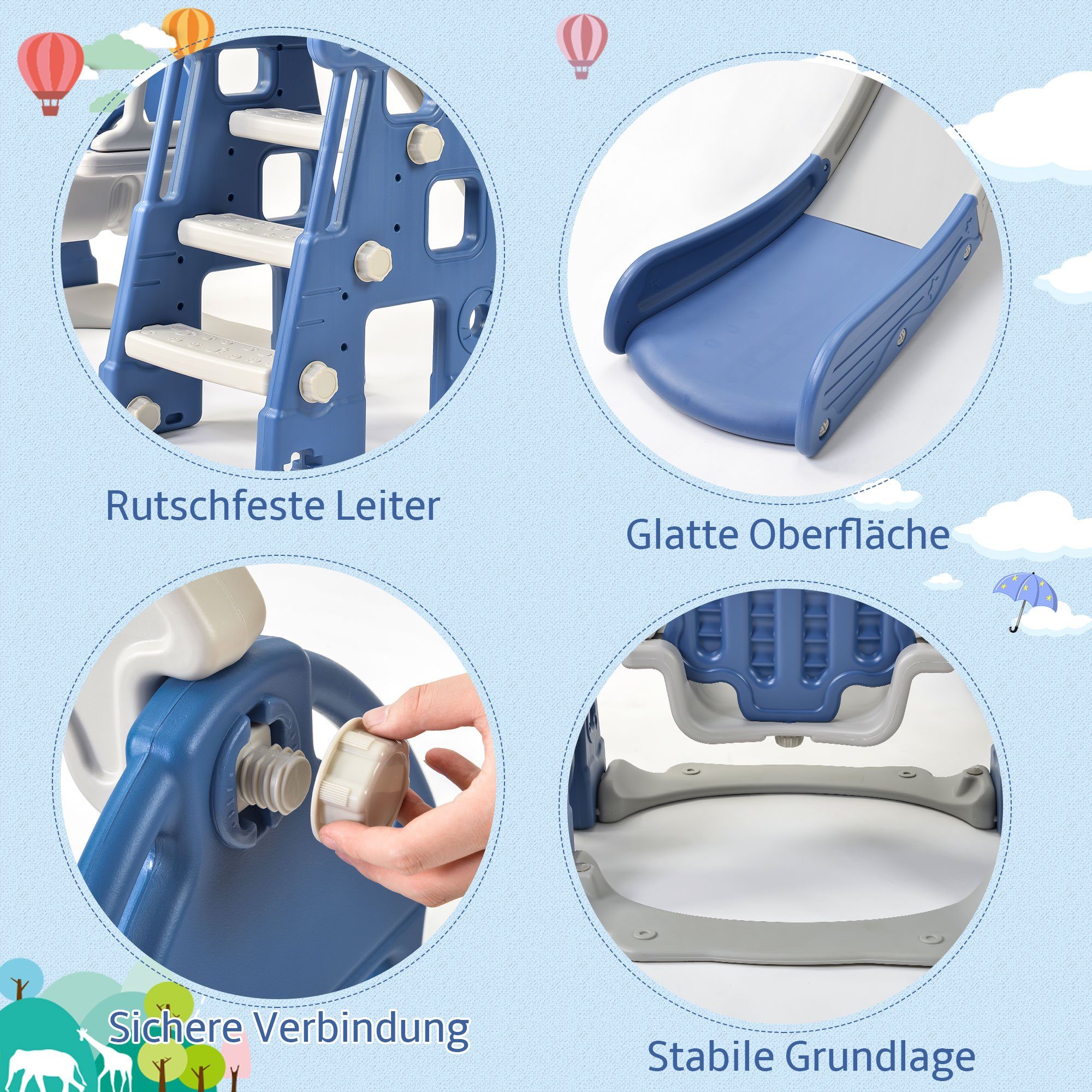 Rutsche, (Kleinkinderrutsche Gartenrutsche für 2-8 Jahre Kinder), Kinderrutsche mit Basketballkorb, Fußballtor, Schaukel und Kletterturm