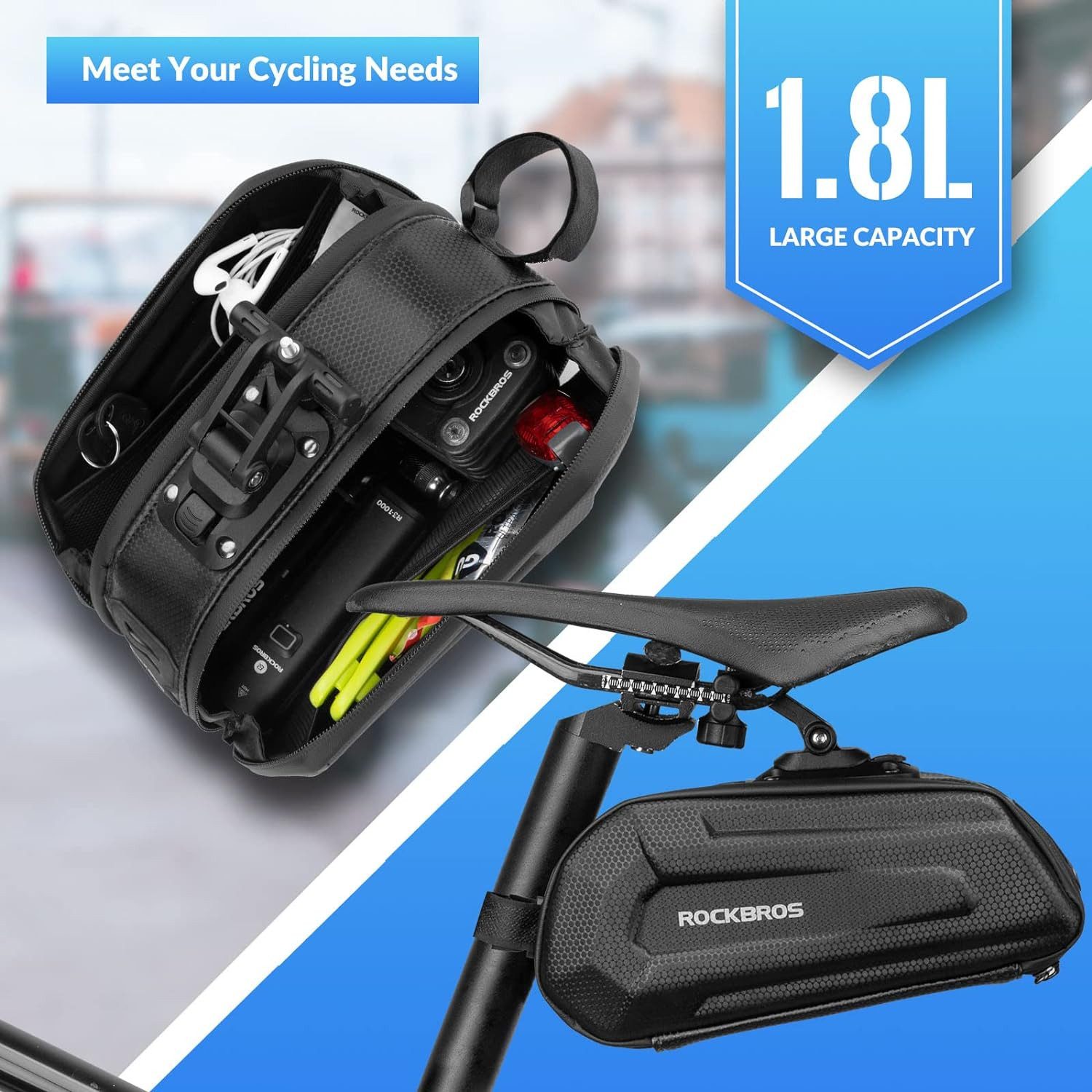 ROCKBROS Satteltasche Fahrradtasche Wasserabweisend, 3D Hard Shell (1-tlg), Fahrradsitz Tasche mit Schnellverschluss für MTB Rennrad 1,8L – Bild 2 von 5