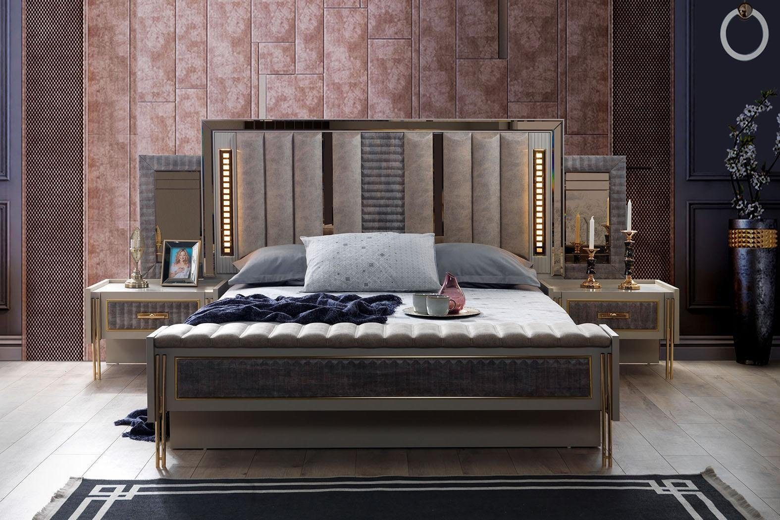 JVmoebel Schlafzimmer-Set Modern Schlafzimmer Set Bett 2x Nachttische Holz Möbel Design, (3-St., Bett + 2x Nachttische), Made in Europe