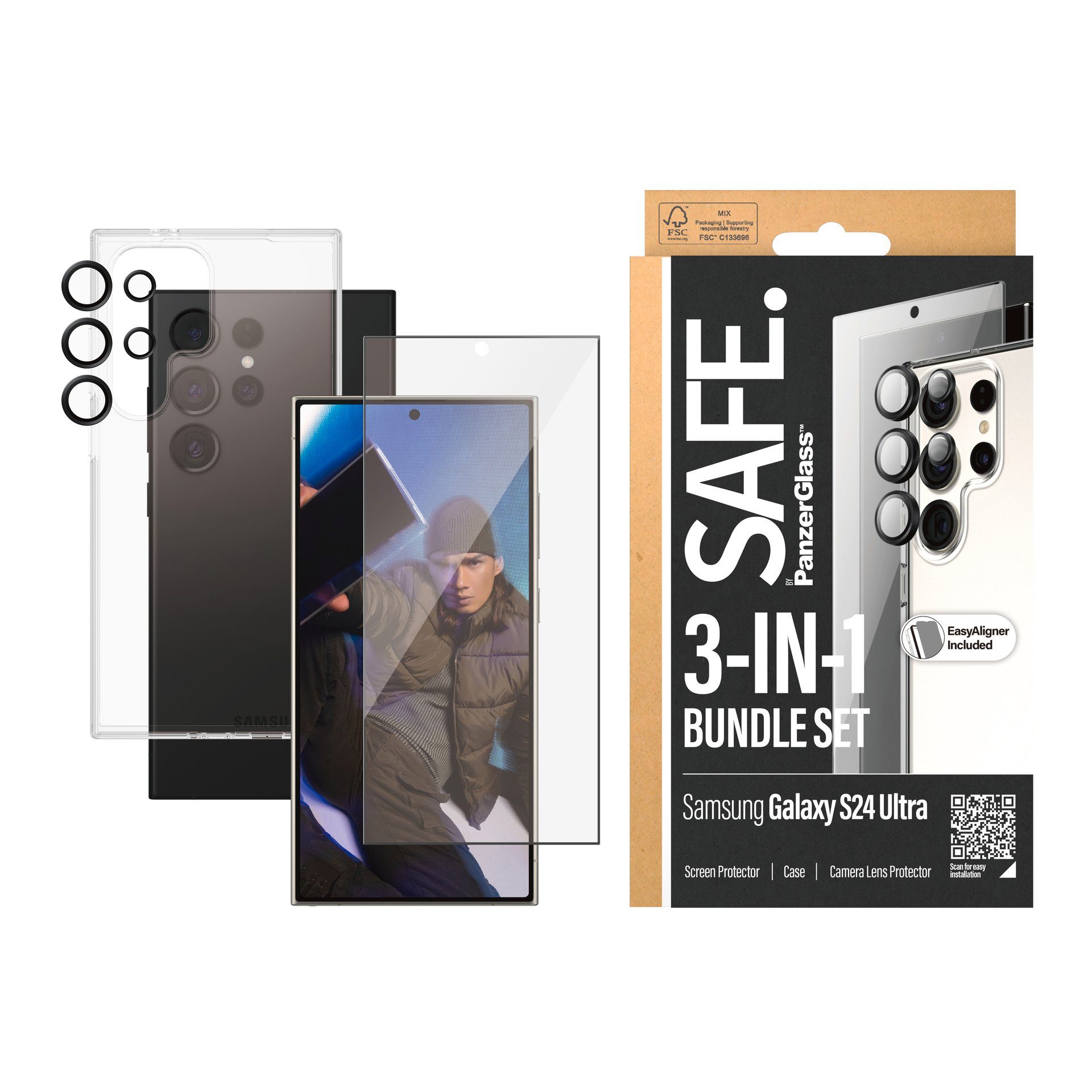 SAFE by PanzerGlass Displayschutzglas 3-in-1 Bundle Set Screen Protector, Case und Camera Lens Protector für Samsung Galaxy S24 Ultra, Displayschutzfolie, Backcover, Lens Cover, Rundumschutz