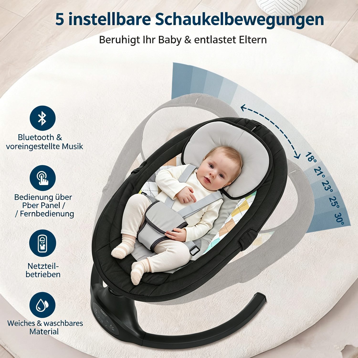 AUDEW Babywippe elektrisch Babyschaukel 5 Gang Schaukelstuhl, mit Fernbedienung, bluetooth Musik, Moskitonetz und 2 x Spielzeug