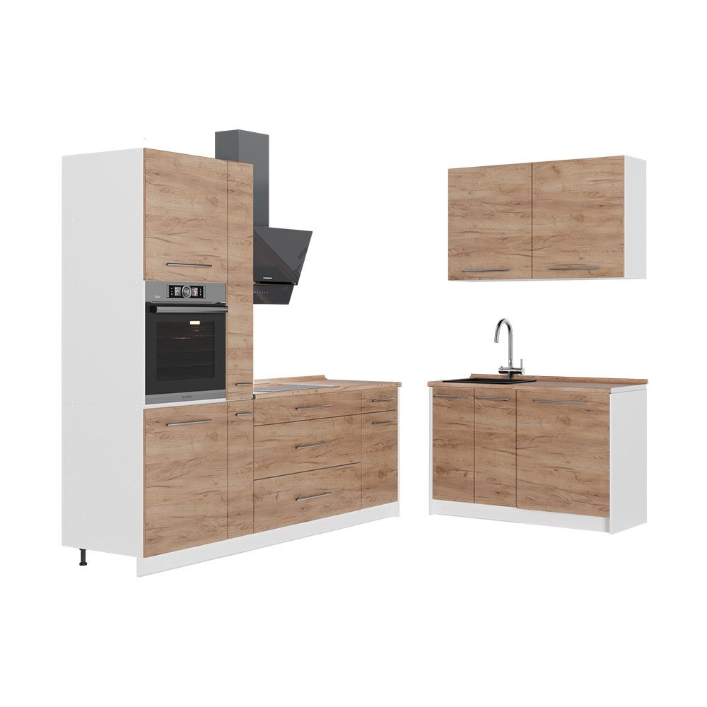 Vicco Winkelküche Fame-Line, Goldkraft Eiche/Weiß, 220 x 120 cm, AP Eiche