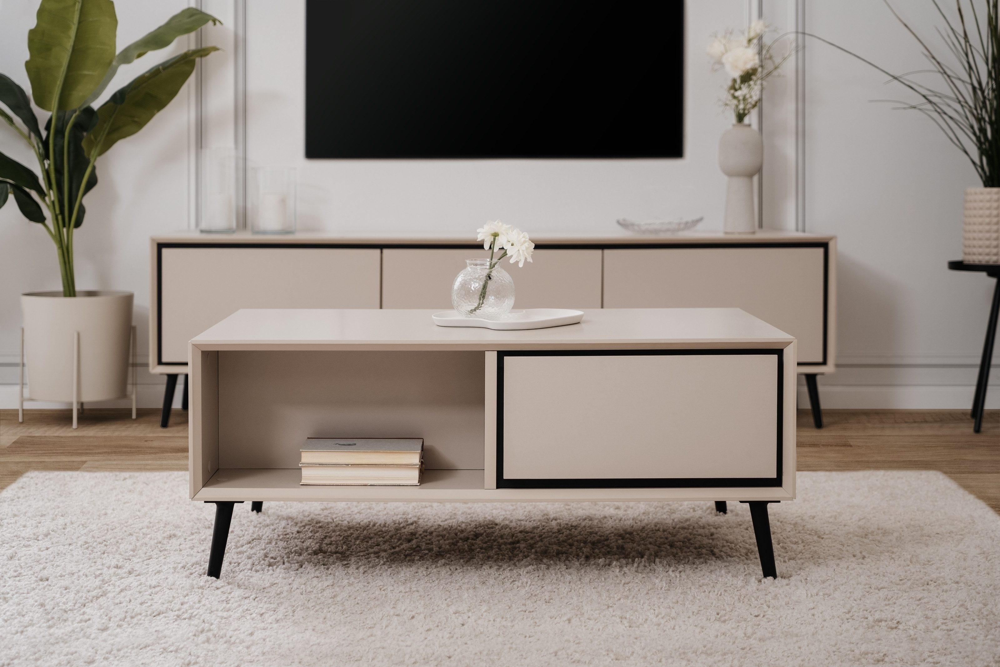 freiraum Couchtisch Arona, 2 Schubladen, 2 Fächer, in Sand / Schwarz - 94x4 günstig online kaufen