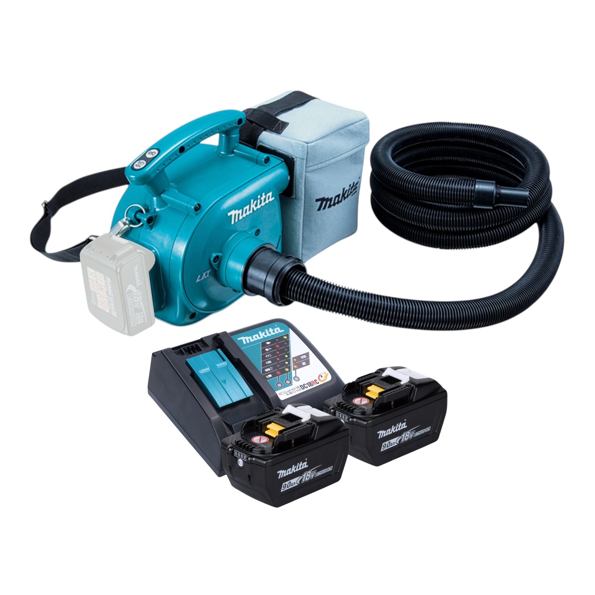 Makita Akku-Handstaubsauger DVC 350 Z Akku Staubsauger 18 V + 2x Akku 9,0 Ah + Ladegerät