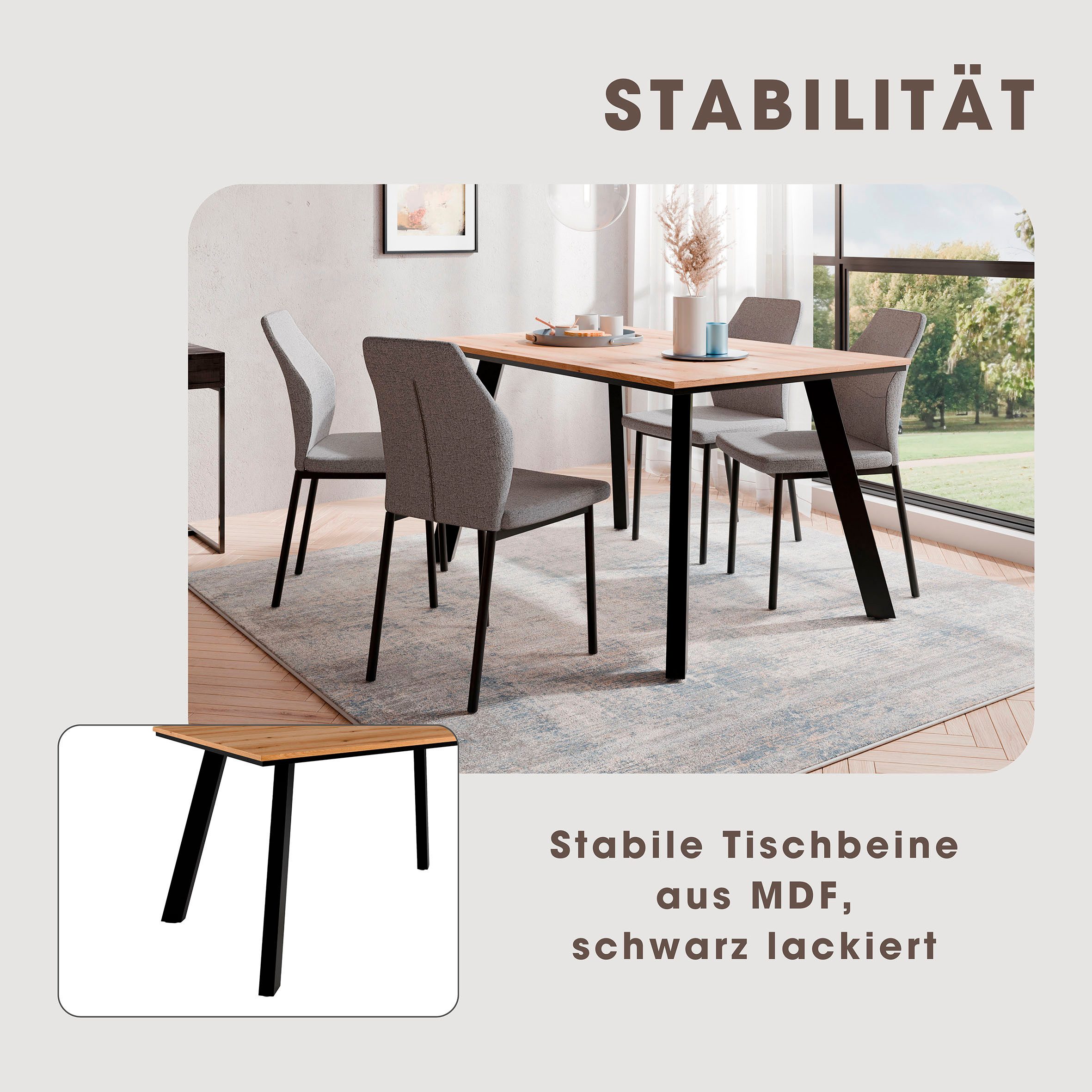 OTTO home Essgruppe Genf Tischgruppe, Esstisch plus 4 Stühle, (Set, 5-tlg., Otto's DAUERTIEFPREIS), Küchentisch, 4 Stühle, moderne Tischplatte in eiche/schwarz – Bild 5 von 5