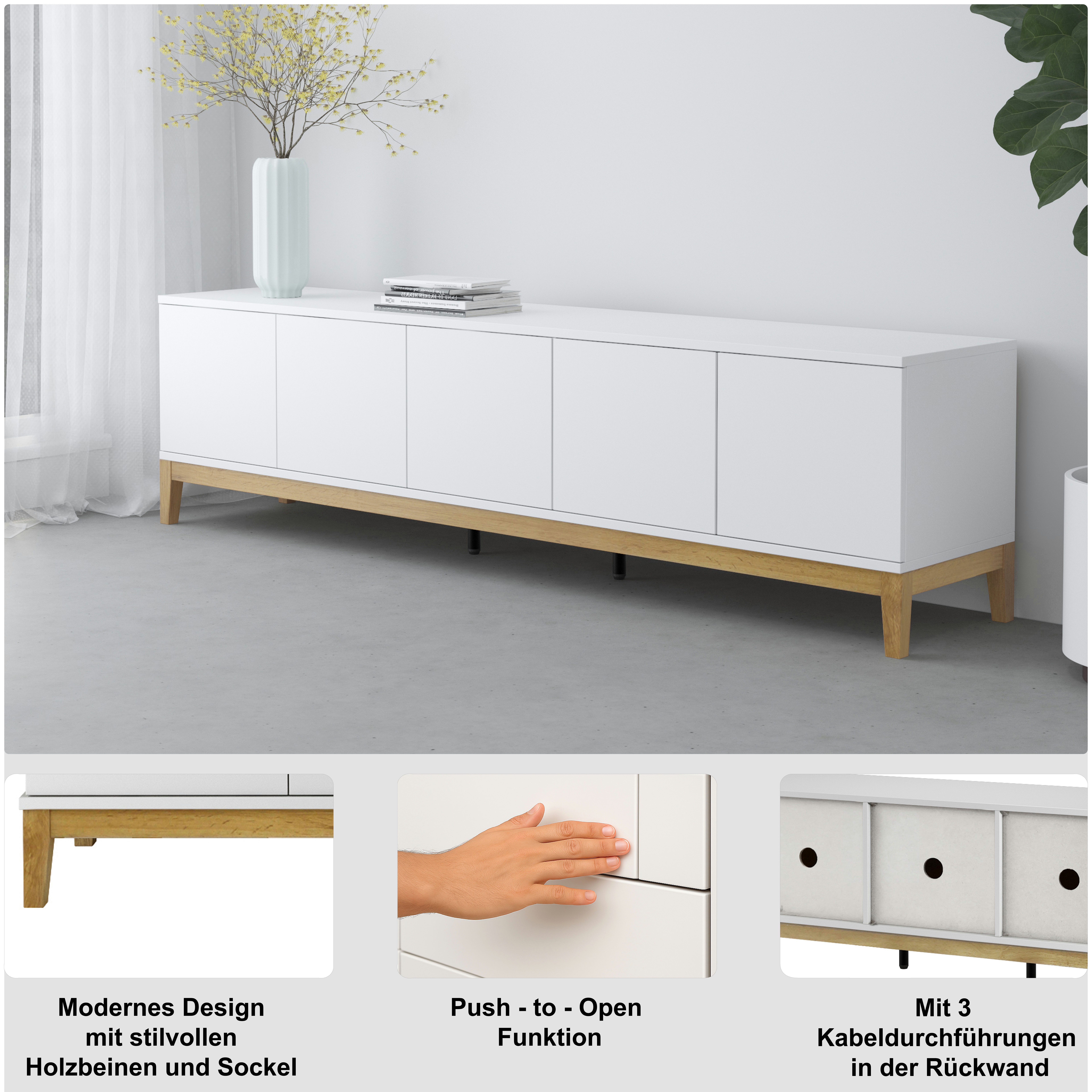 OTTO home Lowboard Maryd, TV-Kommode mit Kabeldurchführung, Push-to-Open Funktion, Breite 200 cm