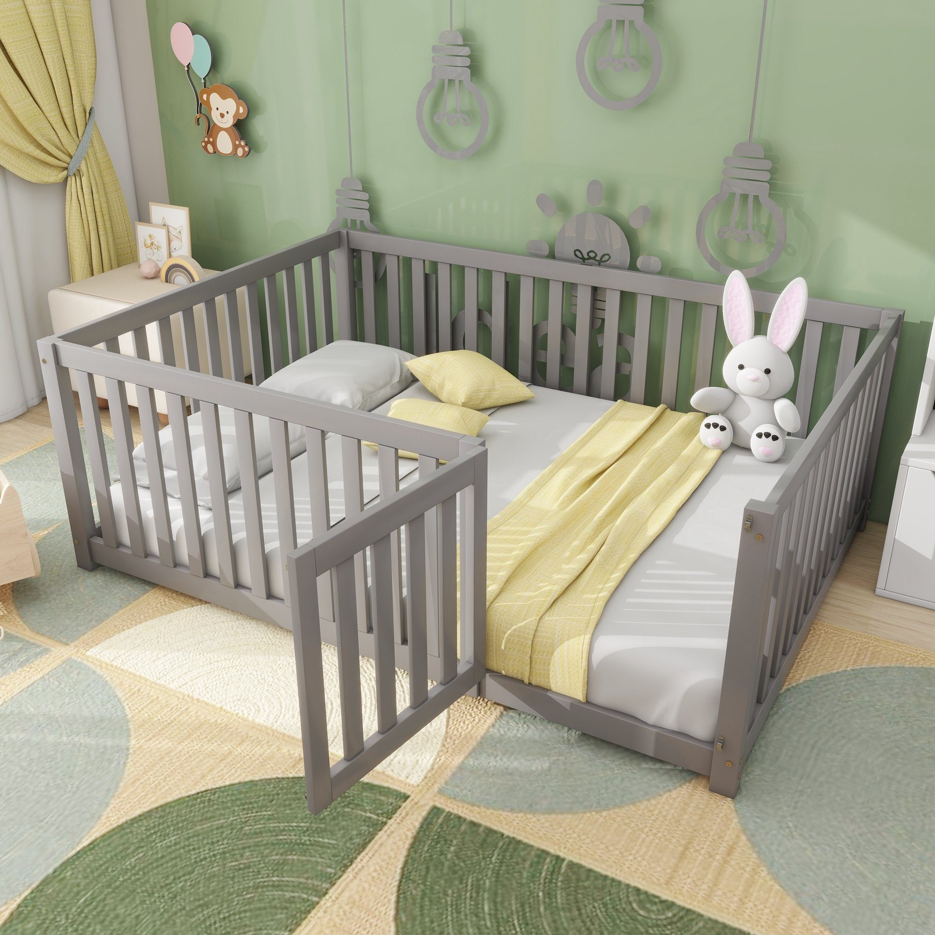 Celya Babybett Kinderbett, Holzboden Bettrahmen mit Zaun und Tür, 140x200