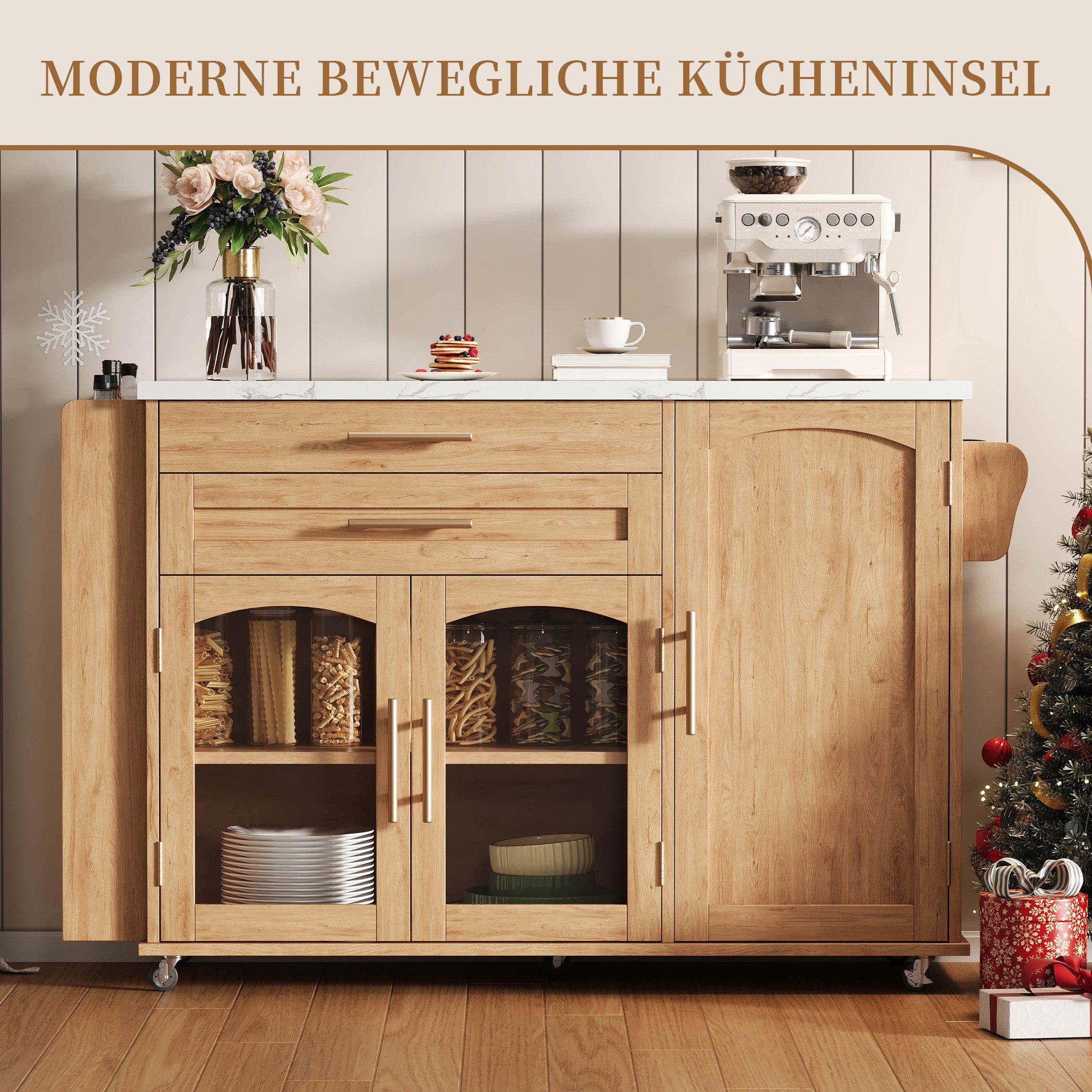 SeedWave Kücheninsel auf Rollen, Küchenwagen 120cm mit Klappbarer Tischplatte, 2 Glastüren, inkl.Besteckschublade, höhenverstellbare Staufächer, Handtuchhalter