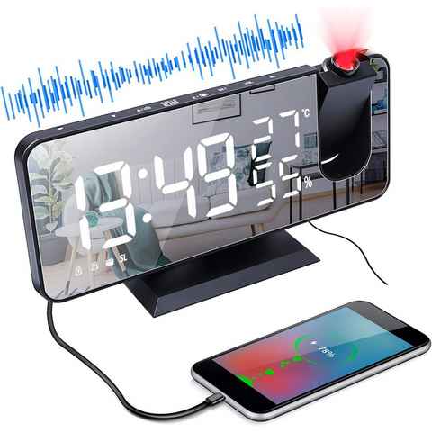 Aoucheni Funk-Radiowecker Projektionswecker, Digital Wecker mit Projektion 180° & USB-Anschluss Schlummerfunktion und 4 Display- Helligkeitsstufen