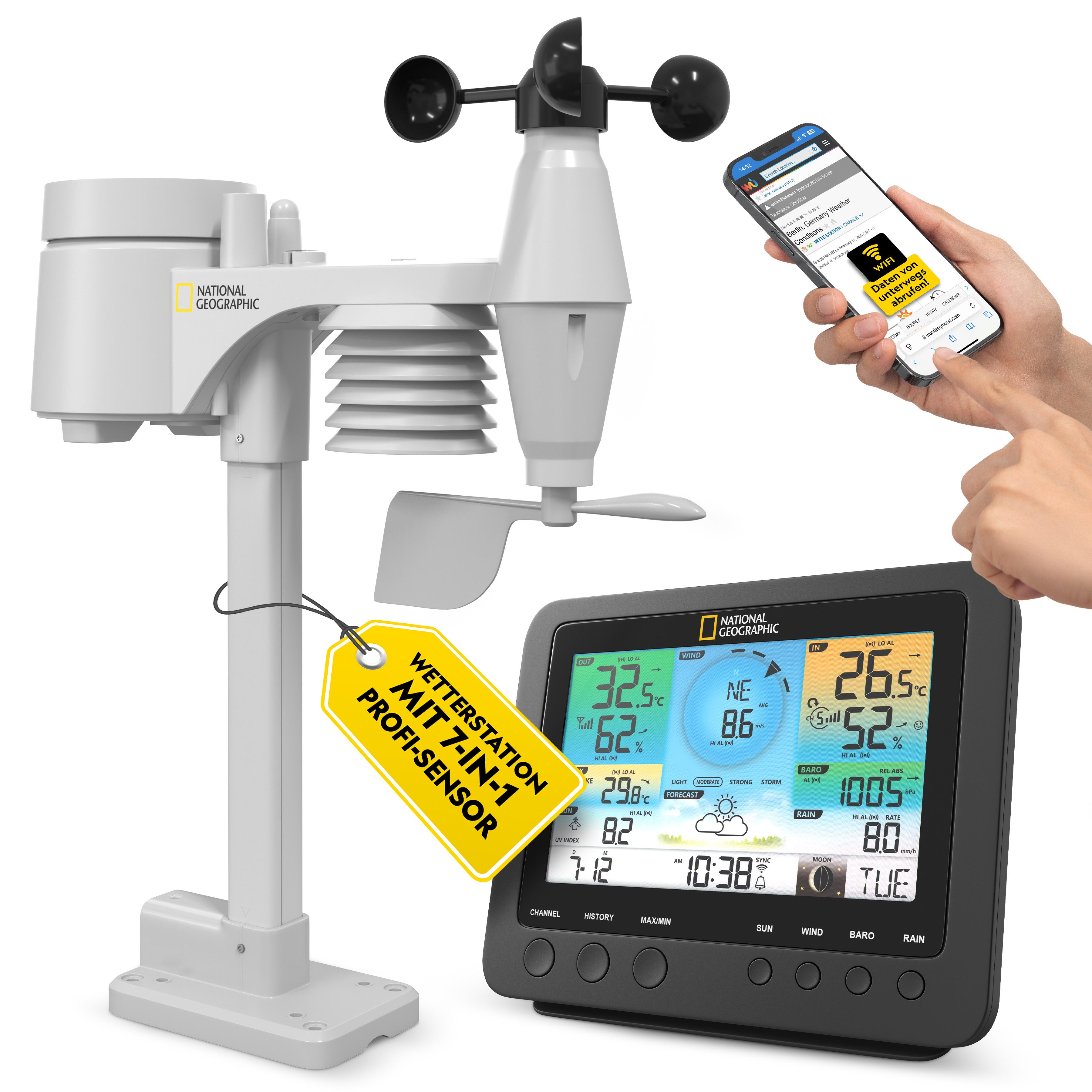 NATIONAL GEOGRAPHIC NATIONAL GEOGRAPHIC WLAN-Farbwetterstation mit 7-in-1-Profi-Sensor Wetterstation