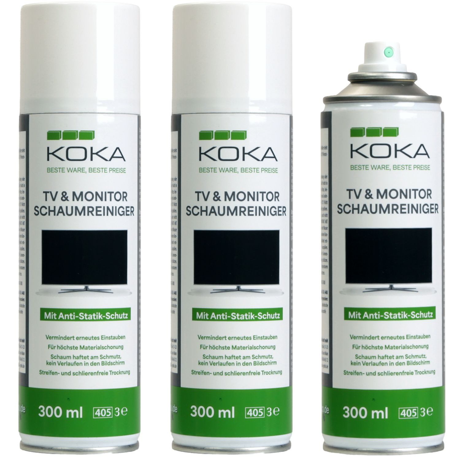 KOKA 3x TV Reinigungsschaum Spray 900ml Dose Reiniger Schaumreiniger (Set, [3-St. 3x Schaumreiniger 300ml Dose Reinigung Schaum TV OLED LCD LED TFT Fernseher PC Monitor Bildschirm)