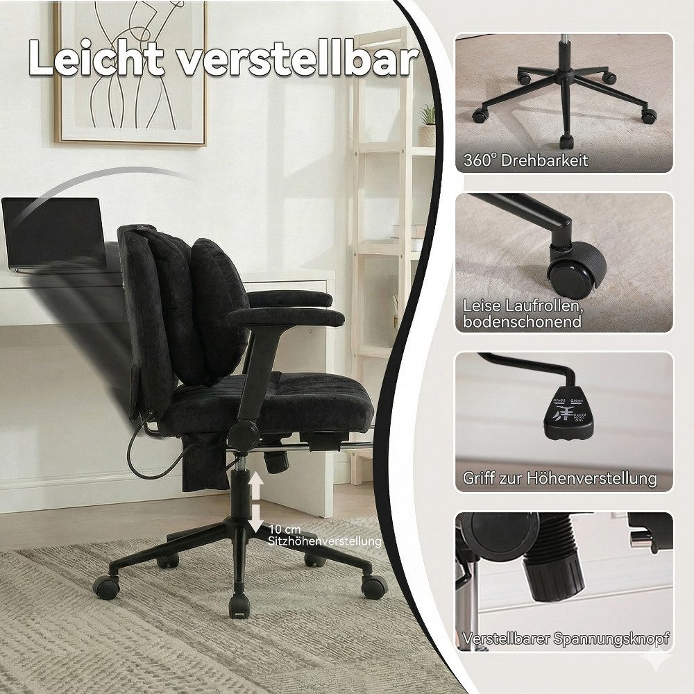 Leawin Drehstuhl Ergonomischer Bürostuhl mit Air-Lordosenstütze & breitem Sitz, Bequemer Schreibtischstuhl mit Rollen, weich gepolstert, 150 kg
