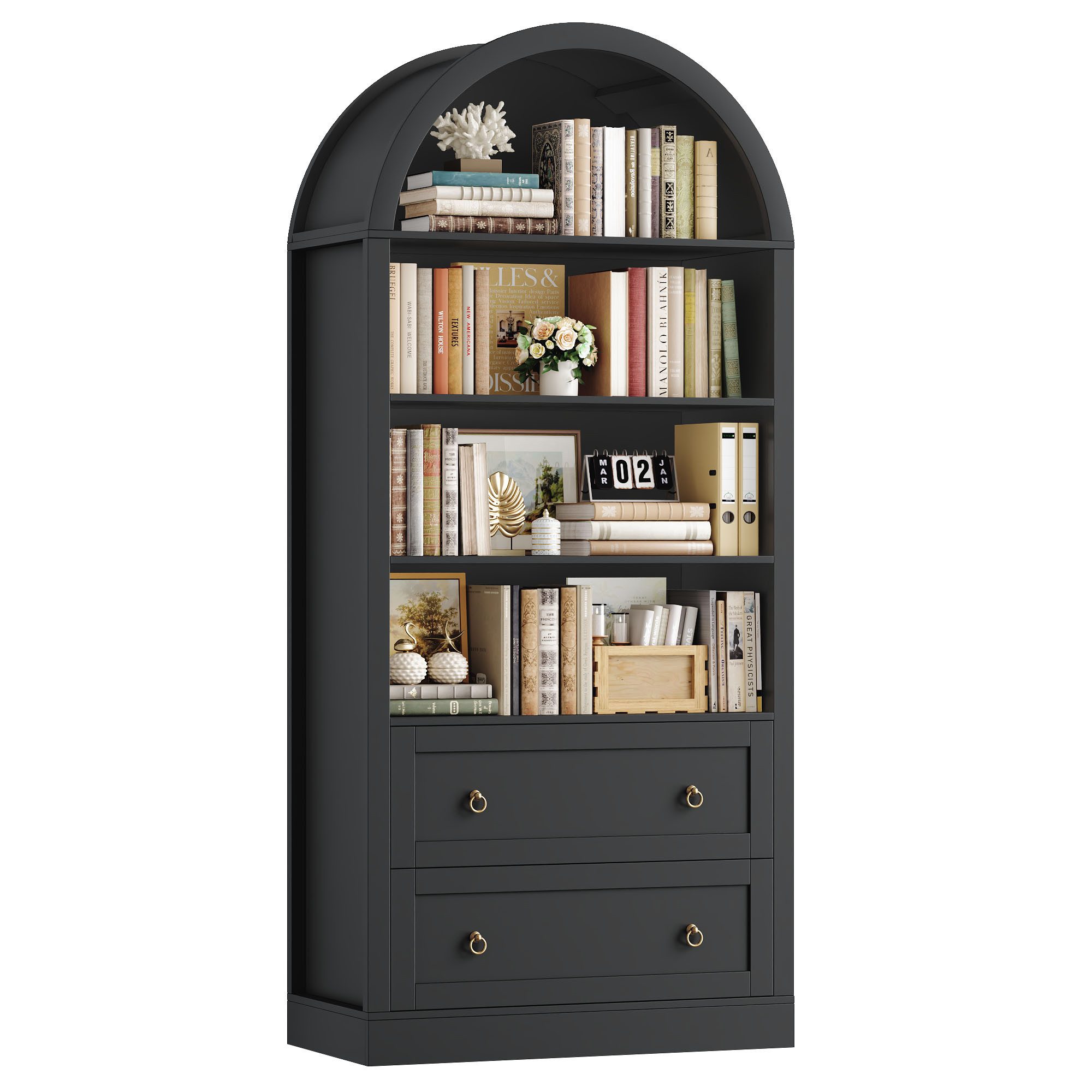 Homfa Bücherregal gewölbter Bücherschrank mit 2 Schubladen, Standregal mit 8 offenen Fächern Büroregal Holz 177x79,5x36cm