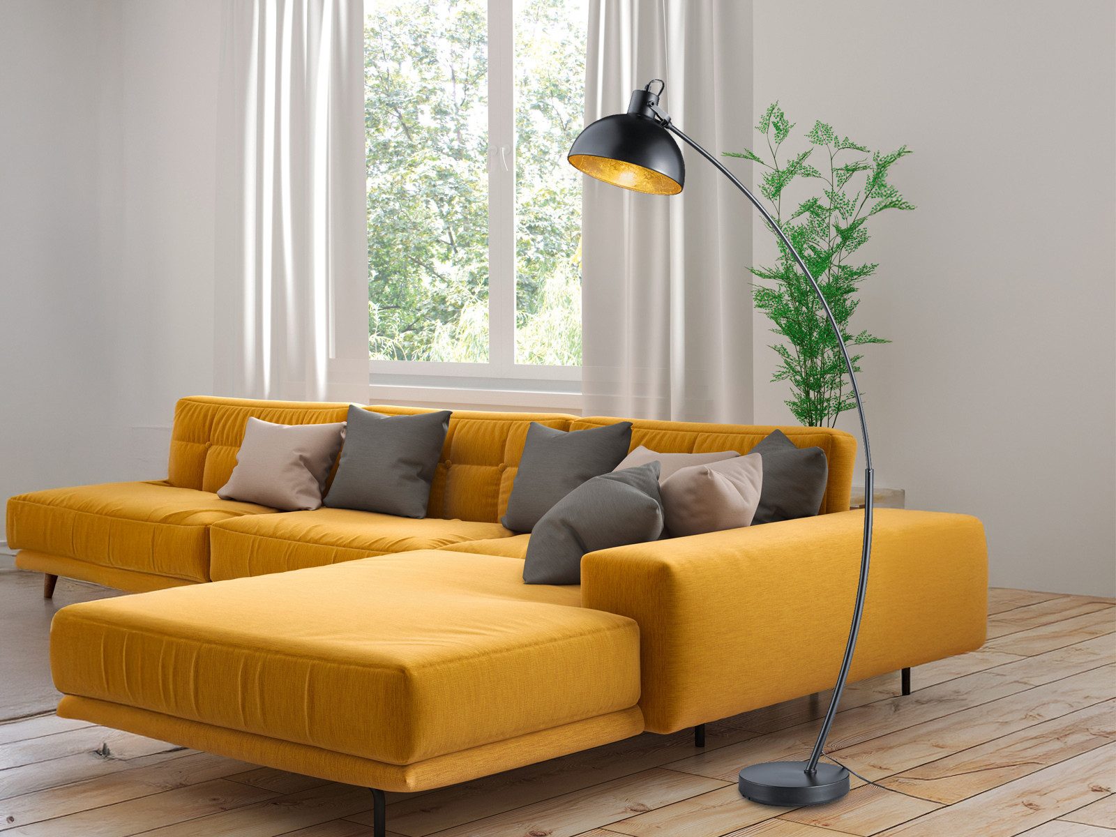 Reality Leuchten LED Bogenlampe, LED wechselbar, Warmweiß, Designklassiker Bogen-Stehlampe ge-bogen Esstisch Schwarz Gold H 155cm