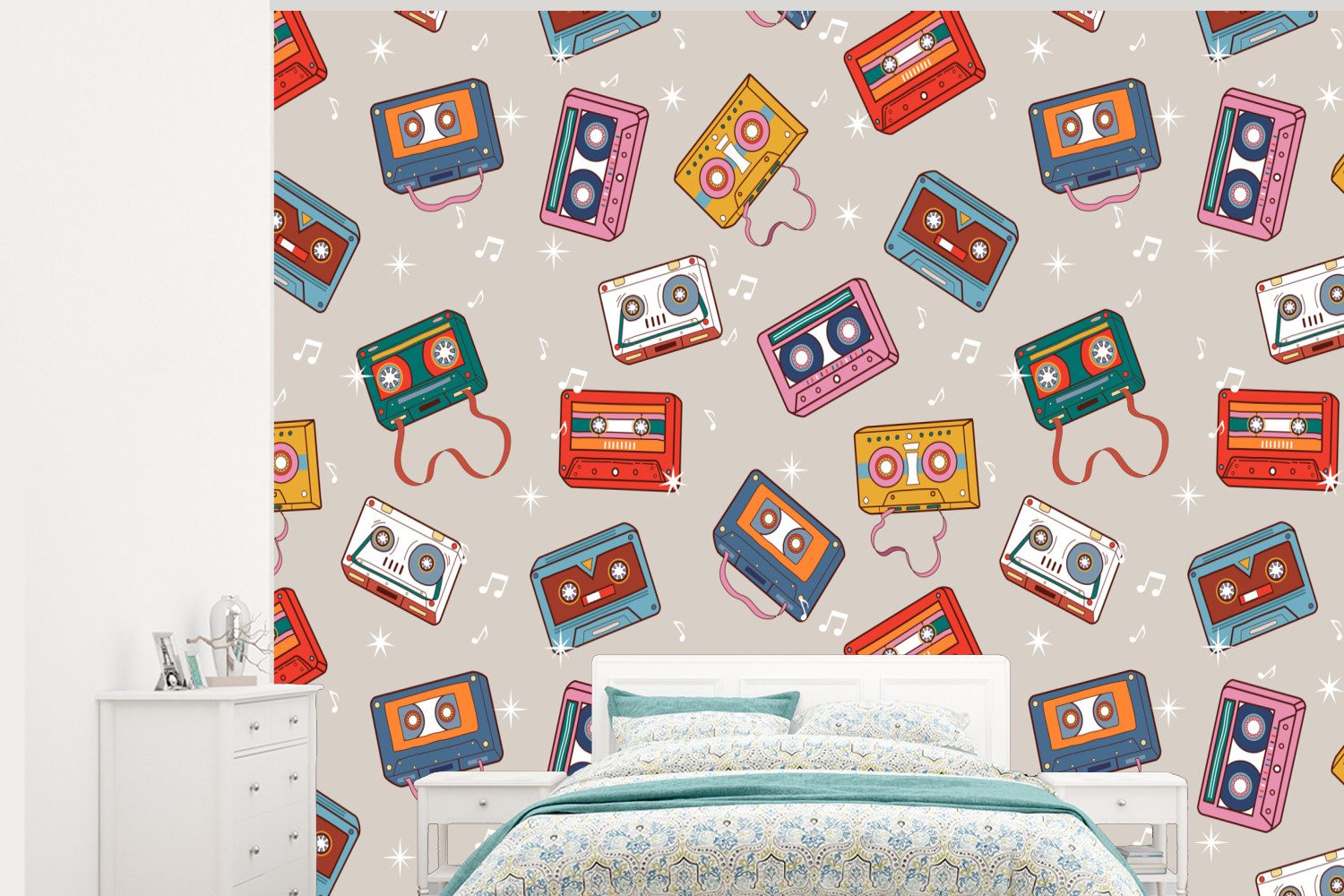 MuchoWow Fototapete Musik - Kassette - Muster, Matt, bedruckt, Montagefertig Vinyl Tapete, Wandtapete, 275x220 cm