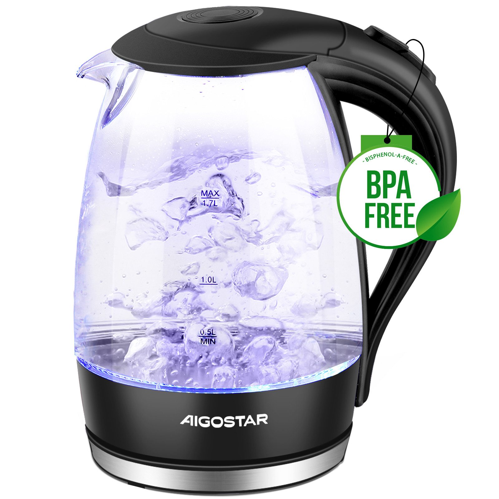 Aigostar Wasserkocher Glas mit Kalkfilter, Glaswasserkocher LED-Beleuchtung, 100% BPA Frei, 1.7 l, 2200,00 W, 360° Edelstahl Sockel, Trockenaufschutz
