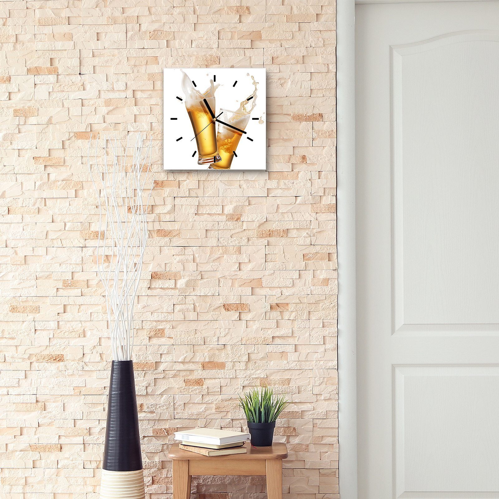 Motiv mit Wanduhr mit cm Bier Primedeco 30 30 Wanduhr Größe Wandkunst Toast x Glasuhr