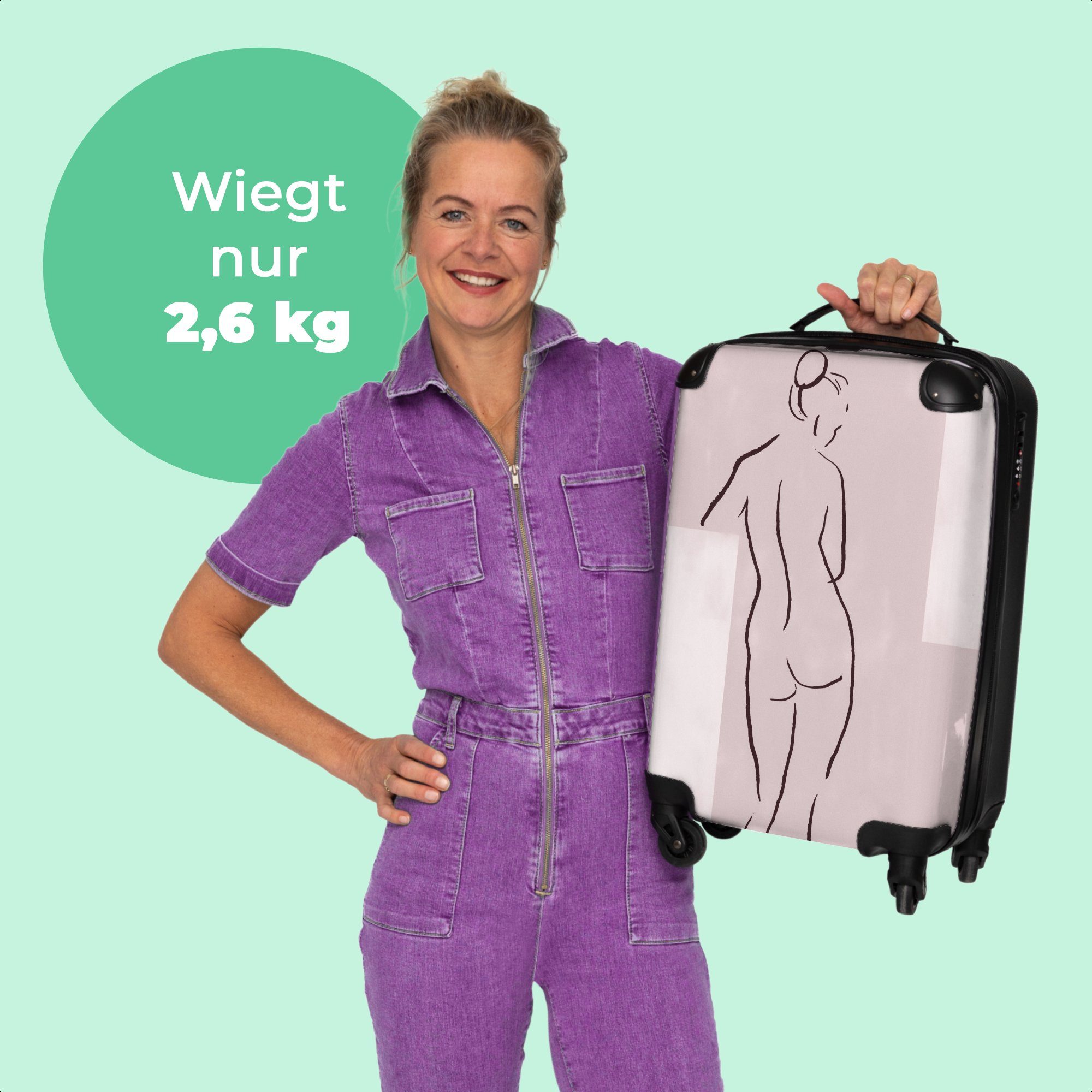 mit Cabin 4 Handgepäckkoffer 4 - Trolley NoBoringSuitcases.com© Rollen, Handgepäck Körper Reisekoffer Kleine - Strichzeichnung Frau Pastell, - Rollkoffer Rollen 55x35x20cm -