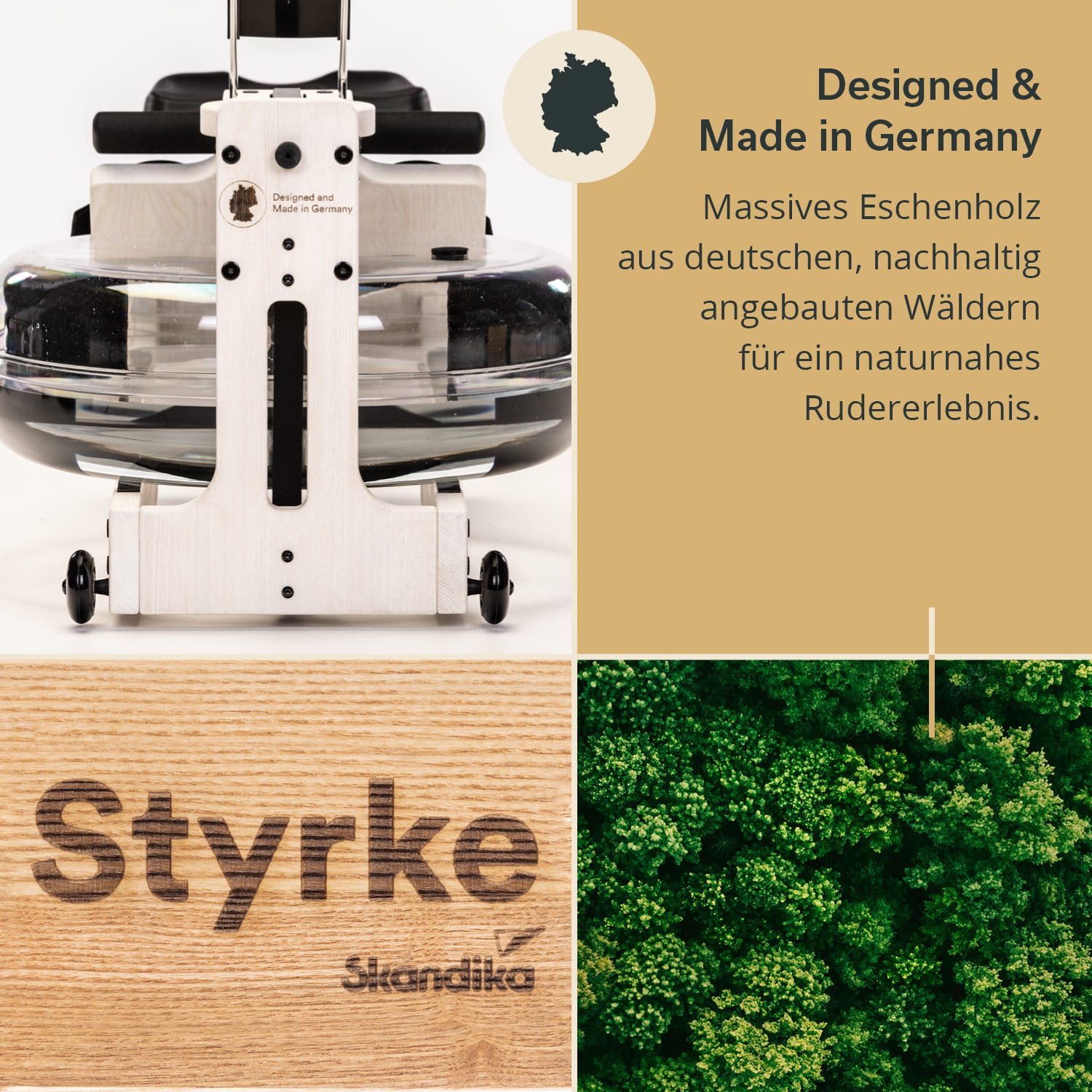 Skandika Rudergerät Styrke Premium, Rudermaschine aus Holz, für Zuhause, Wasser (Transportrollen gummiert, kugelgelagert, Max. Benutzergröße 200 cm), Esche, Made in Germany, farbig geölt, bis 180 kg, Kinomap, Bluetooth