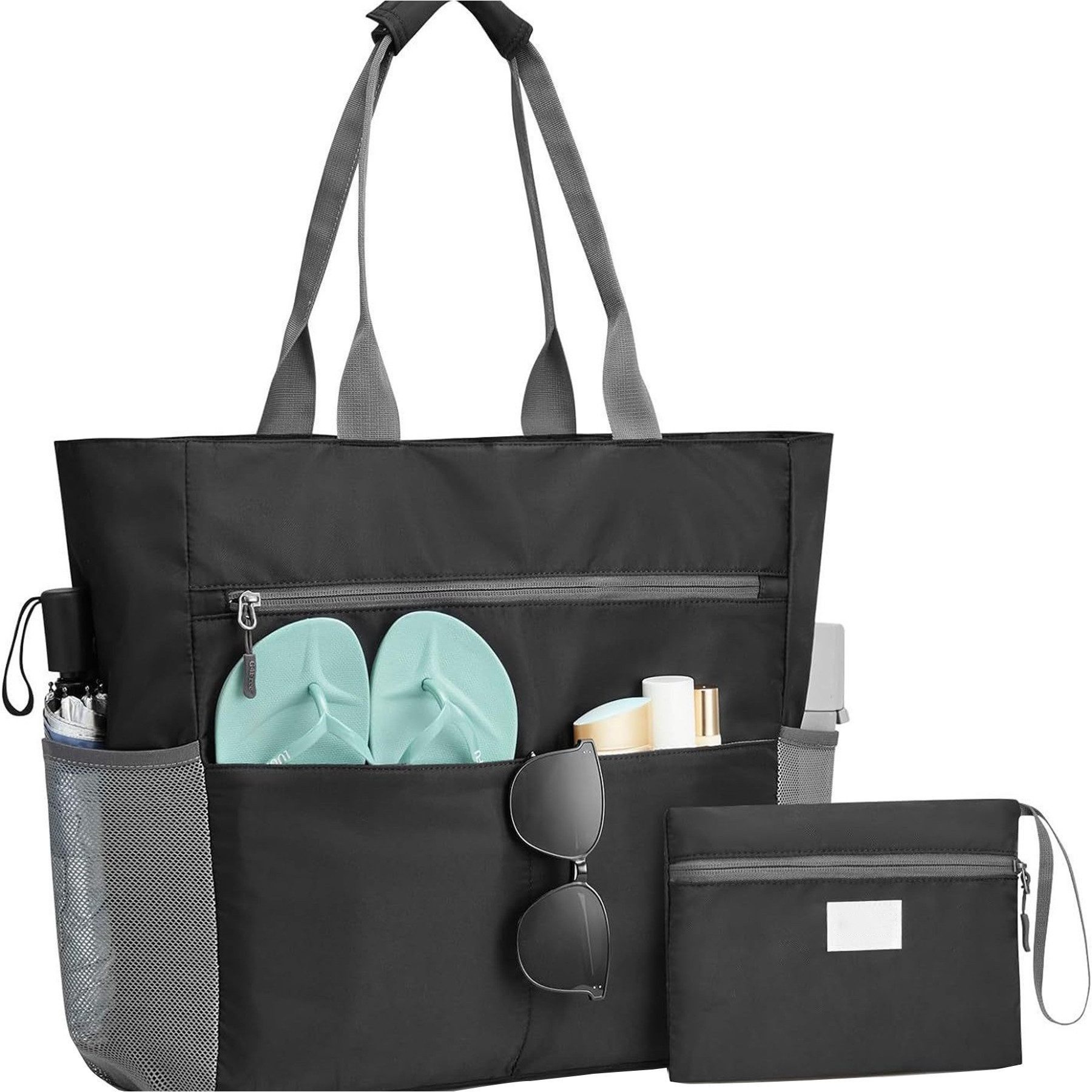 Mutig Strandtasche Große Strandtasche XXL mit Reißverschluss (wasserdichte & faltbare Badetasche, Shopper / Reisetasche / Beach Tote Bag mit mehreren Taschen), für Damen, Strand, Pool, Urlaub, Fitnessstudio & Familie