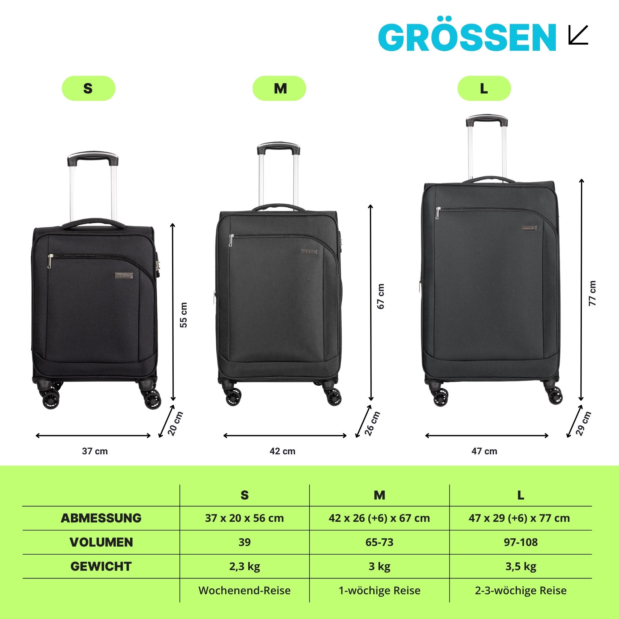 Crosstravel Kofferset Monterey, 4 Rollen, (3 tlg., Weichgepäck Trolley Set), Volumenerweiterung bei Größe M+L