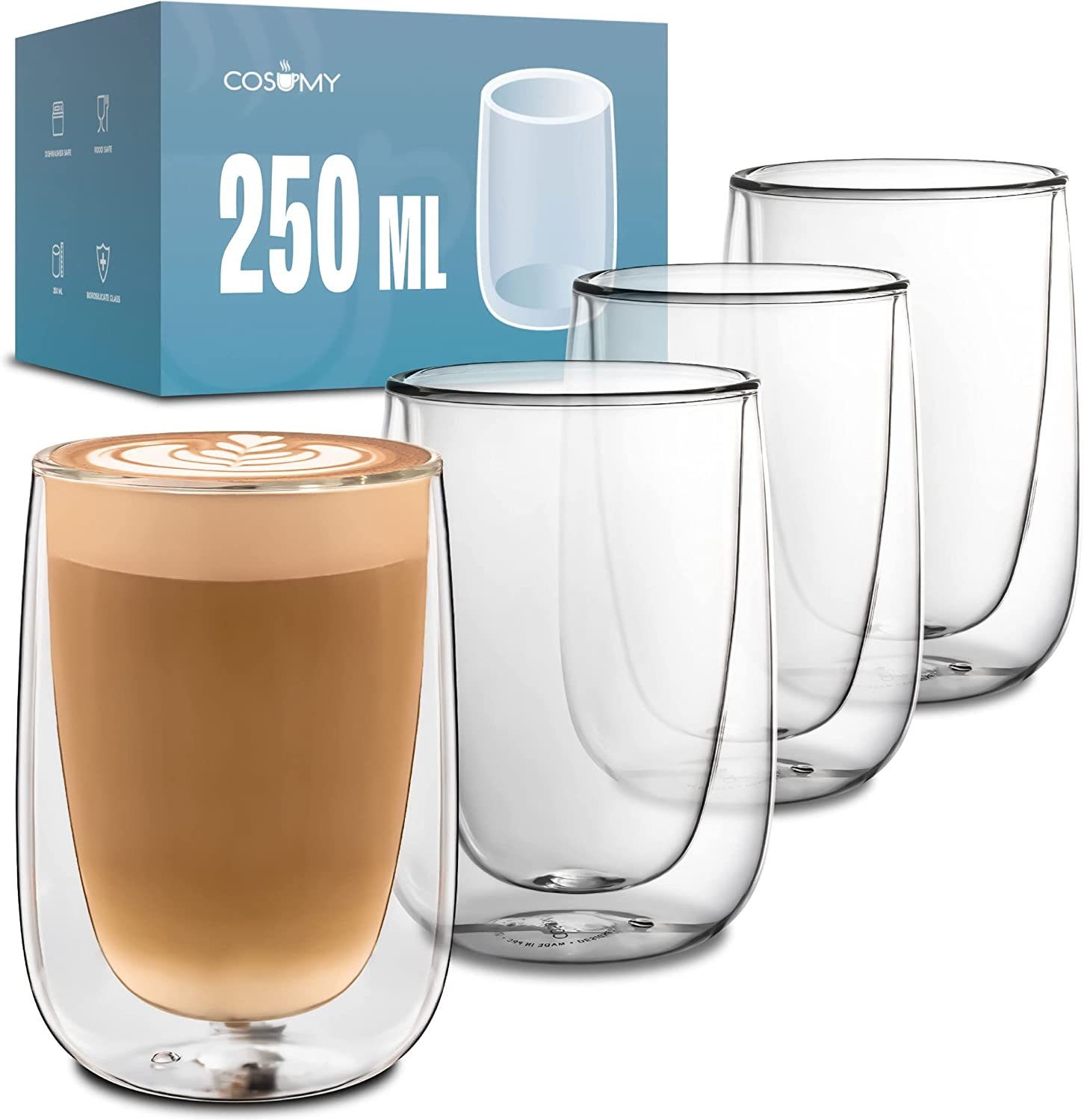 Cosumy Gläser-Set 4 doppelwandige Cappuccino Thermogläser 250ml - Halt die Temperatur, 4-tlg., Glas, Cappuccino Thermogläser - für Heiß- und Kaltgetränke