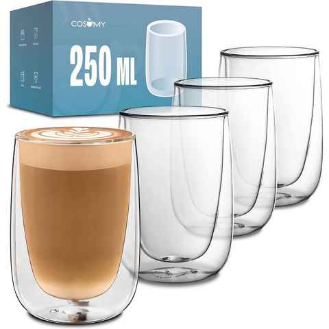 Cosumy Gläser-Set 4 Cappuccino Gläser doppelwandig 250ml, Glas, Cappuccino Thermogläser - für Heiß- und Kaltgetränke