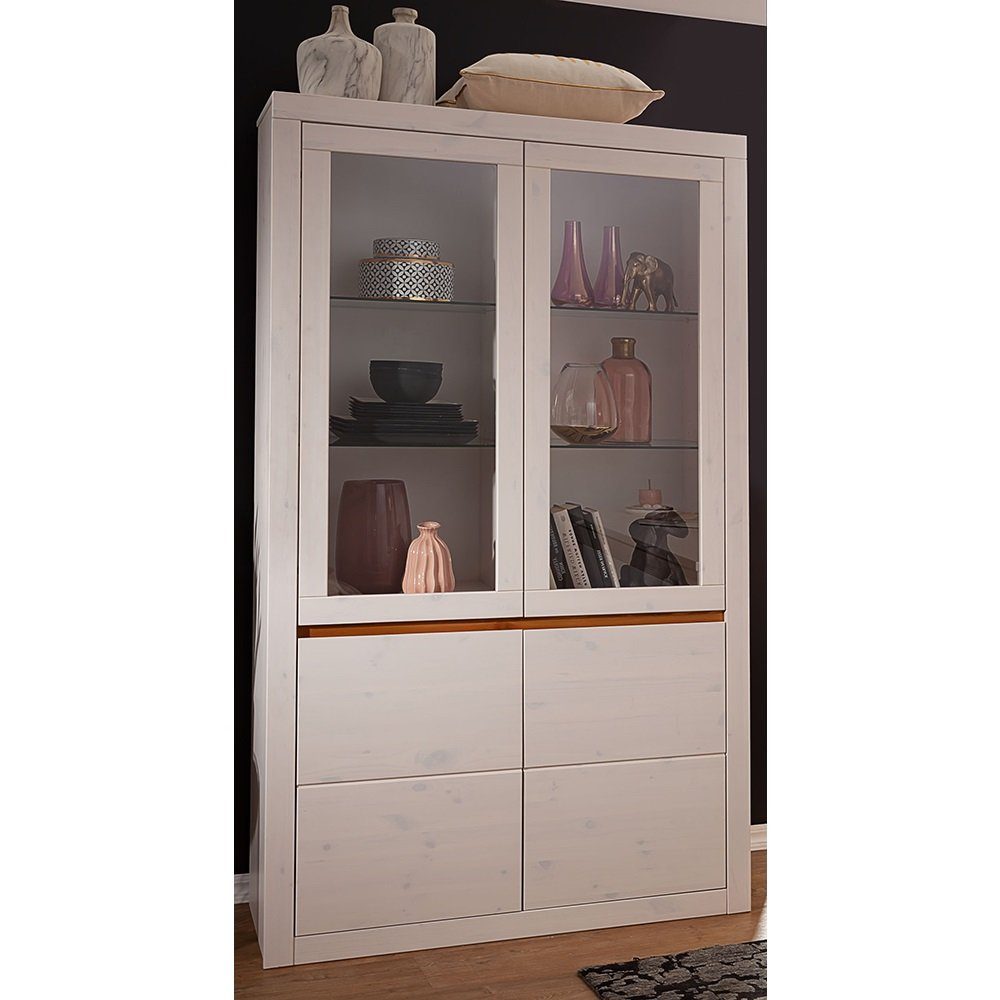 Lomadox Vitrine WILSON-69 in weiß Kiefer Massivholz, Softclose, B/H/T: ca. 110,5/190/42 cm