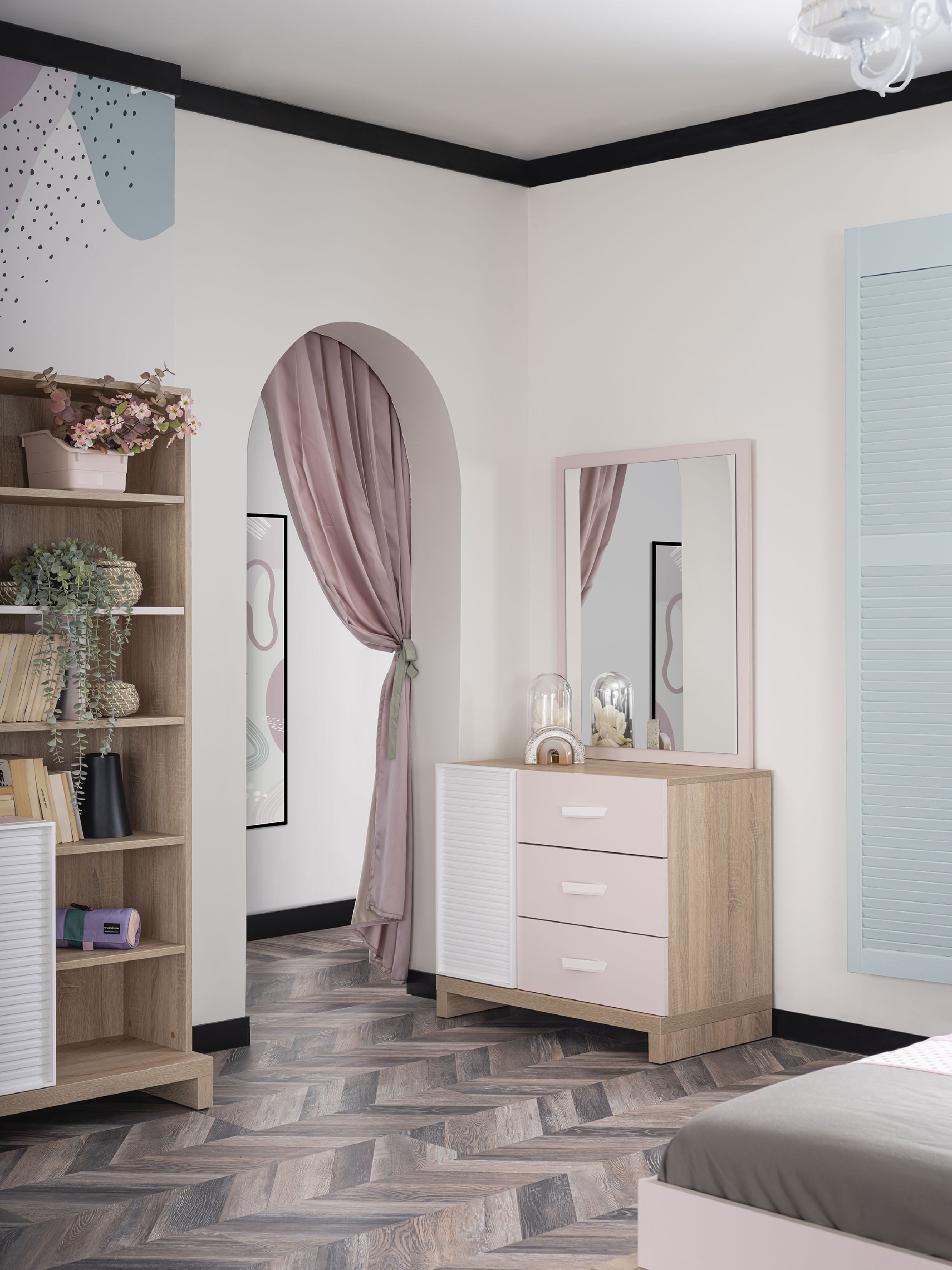 Möbel-Zeit Kommode CITY – Modernes Design in Weiß & Rosa – 3 Schubladen & 1 Tür