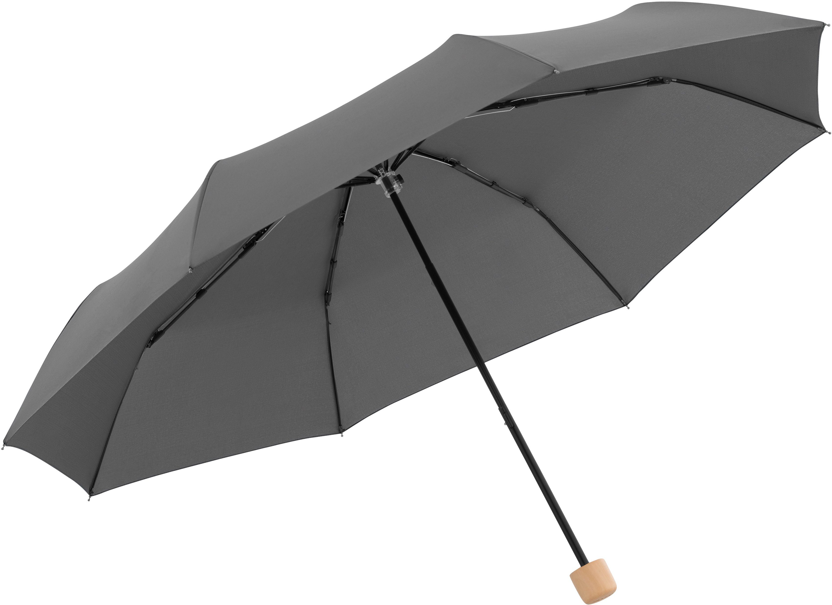 doppler® Taschenregenschirm nature Mini, slate recyceltem Material schützt weltweit - grey, Griff mit aus FSC®- Wald aus