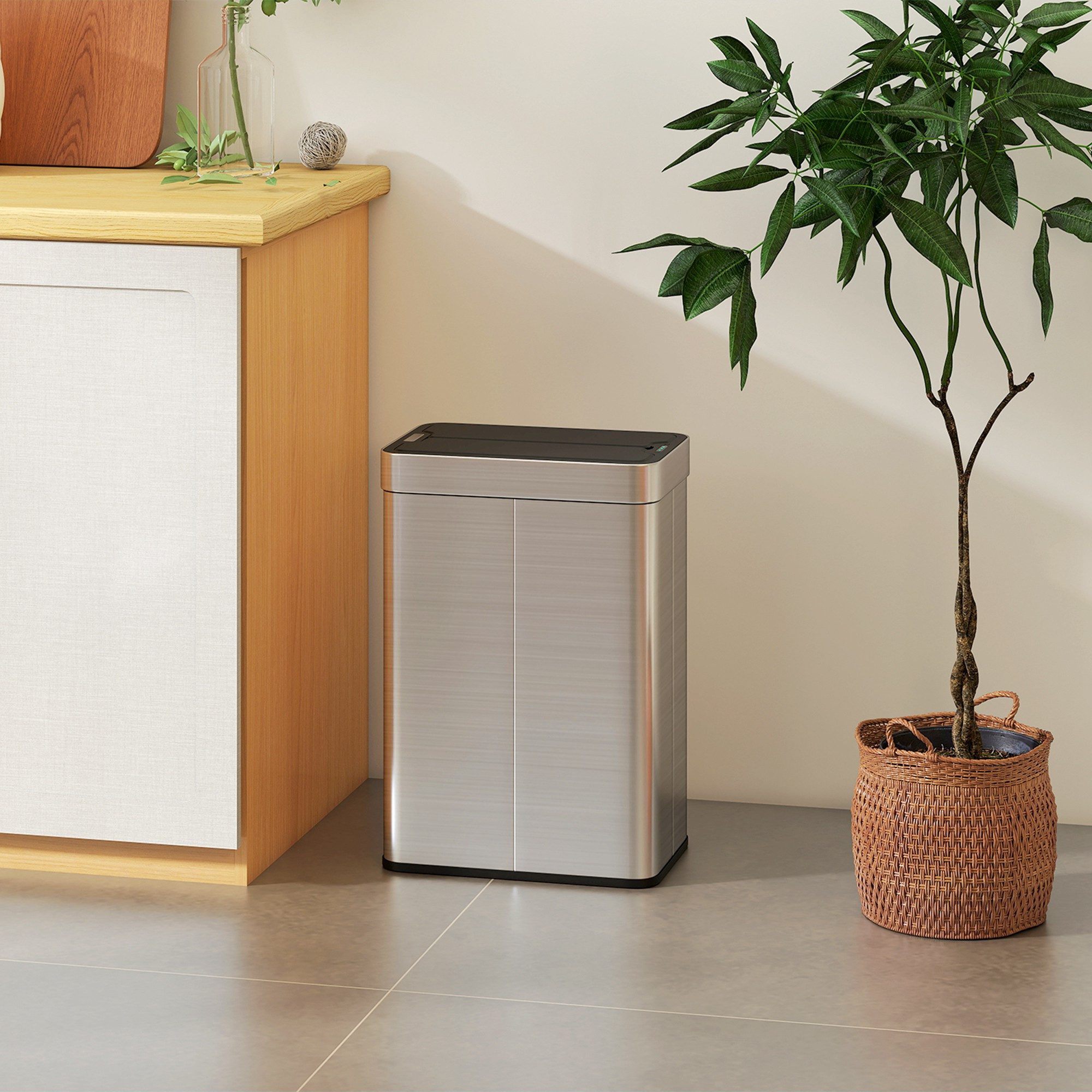 HOMCOM Mülleimer 55L Abfalleimer mit Soft-Close-Schmetterlingsdeckel, aus Edelstahl, für Küche, Fitnessstudio, Büro, Silber