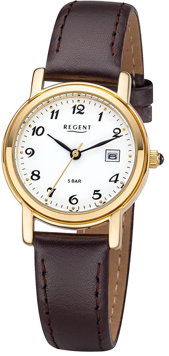 Regent Quarzuhr Regent Damen F-1215 klein Quarz, Damen Uhr 28mm), (ca. Lederarmband Leder Armbanduhr rund
