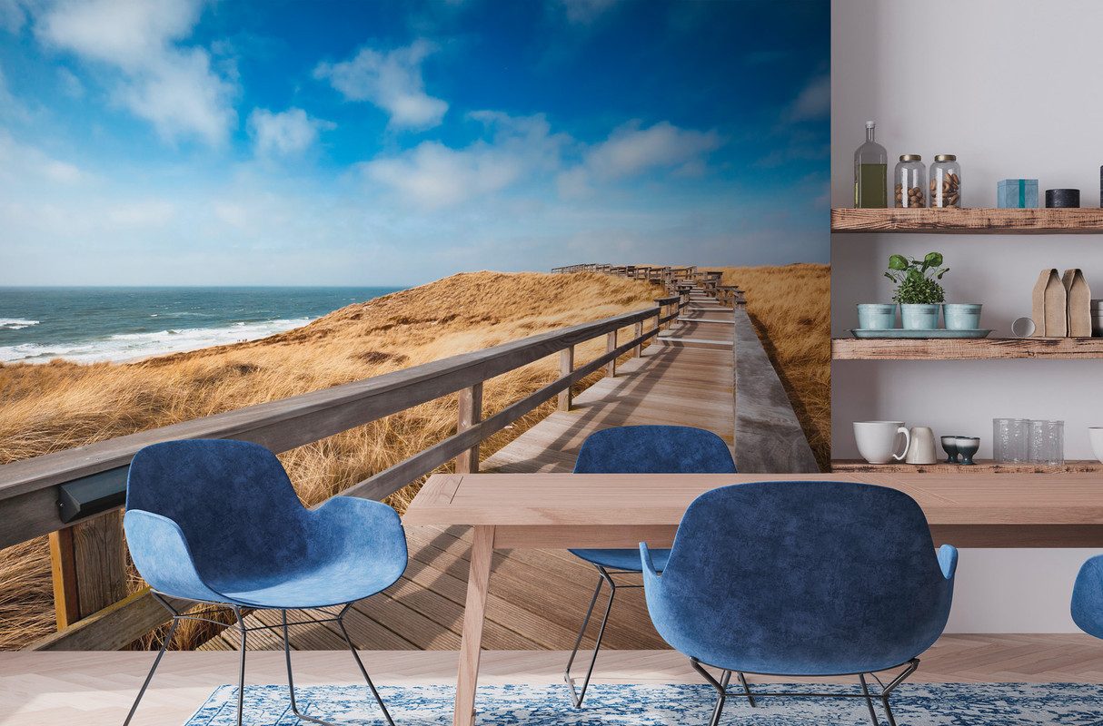 A.S. Création Vliestapete Strand-Tapete Dünen Holzweg Blau Beige Fototapete, glatt, matt, (1 St)