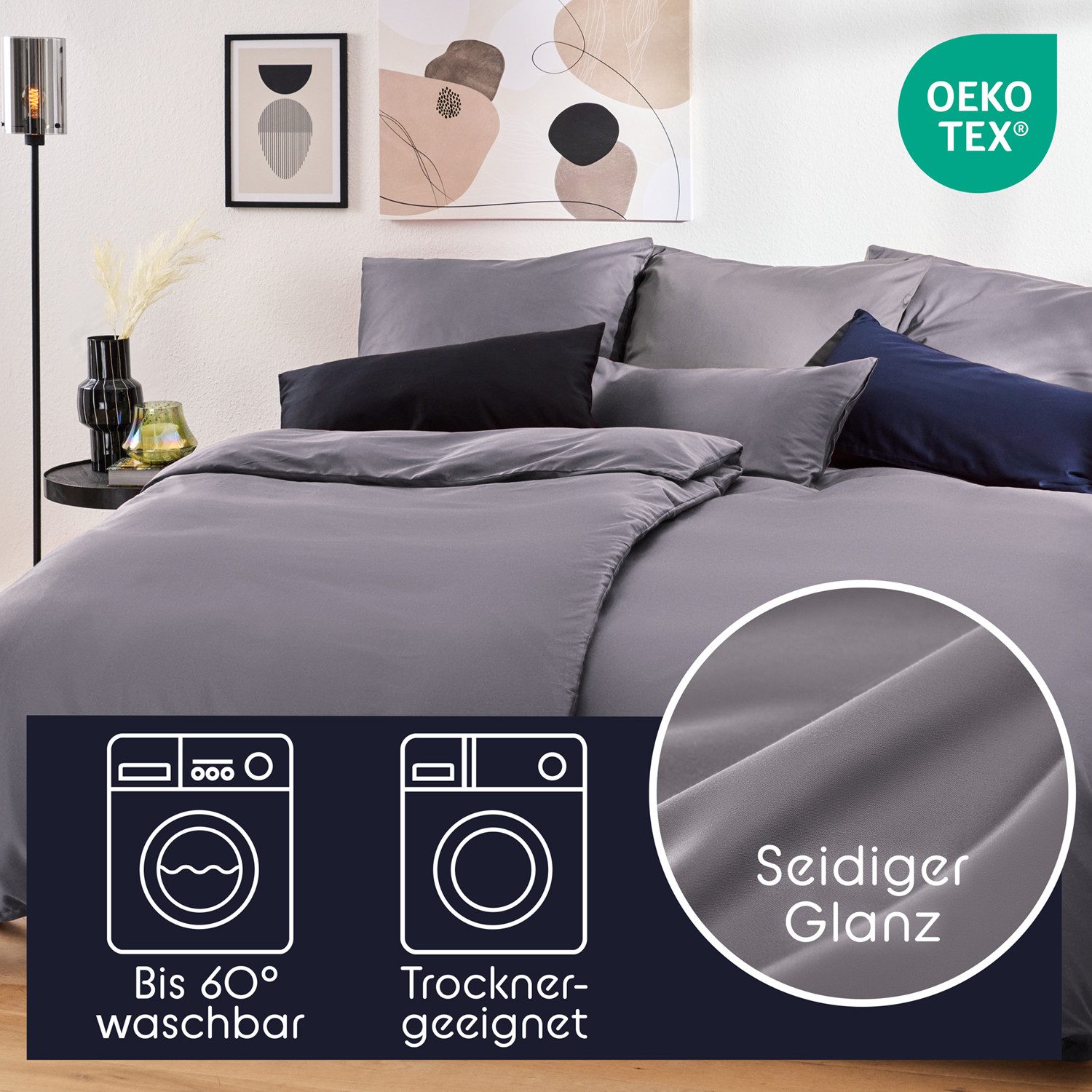 Blumtal Kissenbezüge Premium Mako Satin Kissenbezug, superweich aus 100% Baumwolle, (1 Stück), OEKO-TEX zertifiziert – Glanzoptik & farblich passender Reißverschluss