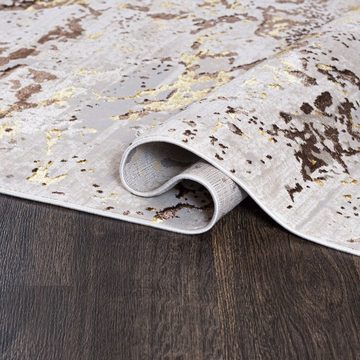 Designteppich Modern Teppich für Wohnzimmer - Beige Creme mit Gold, Mazovia, 80 x 150 cm, Glänzende Abstrakt Marmor, Höhe 10 mm, Kurzflor - niedrige Florhöhe, Weich, Pflegeleicht, Weich, Pflegeleicht