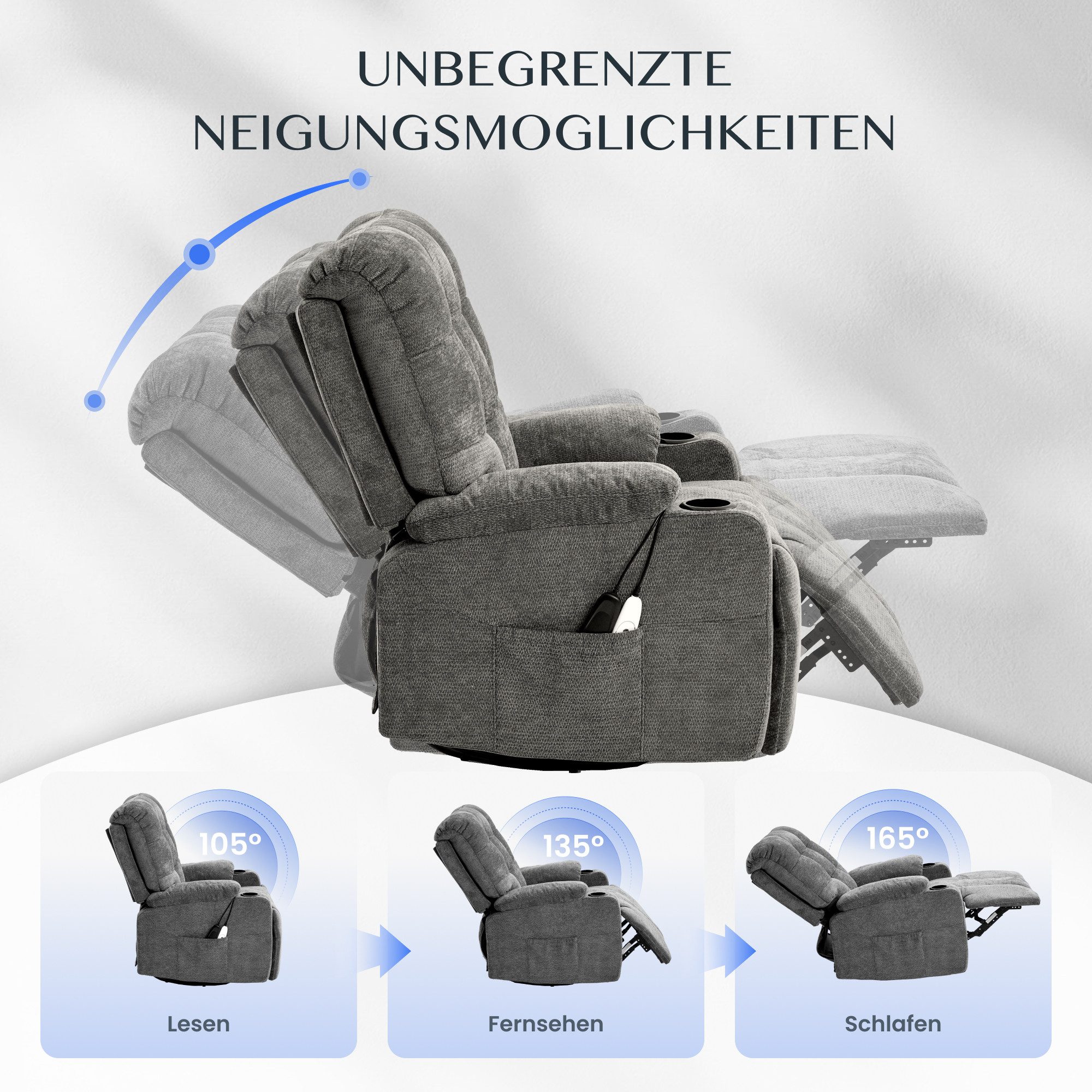 FLEXISPOT Relaxsessel Elektrischer Schaukelsessel, Massagesessel, Fernsehsessel,360°drehbar (mit Heiz- und Liegefunktion, 8-Punkt-Massage, USB-/Type-C-Ansclhluss, 2 Seitentaschen, 2 integrierte Getränkehalter, 105°-165° verstellbar), belastbar bis 200 kg, XR7 CURVE