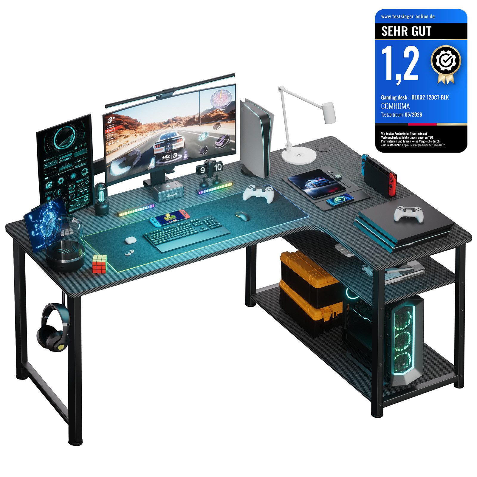 Schreibtisch Gaming Tisch Eckschreibtisch mit Regal USB-Ladeanschluss und Steckdose