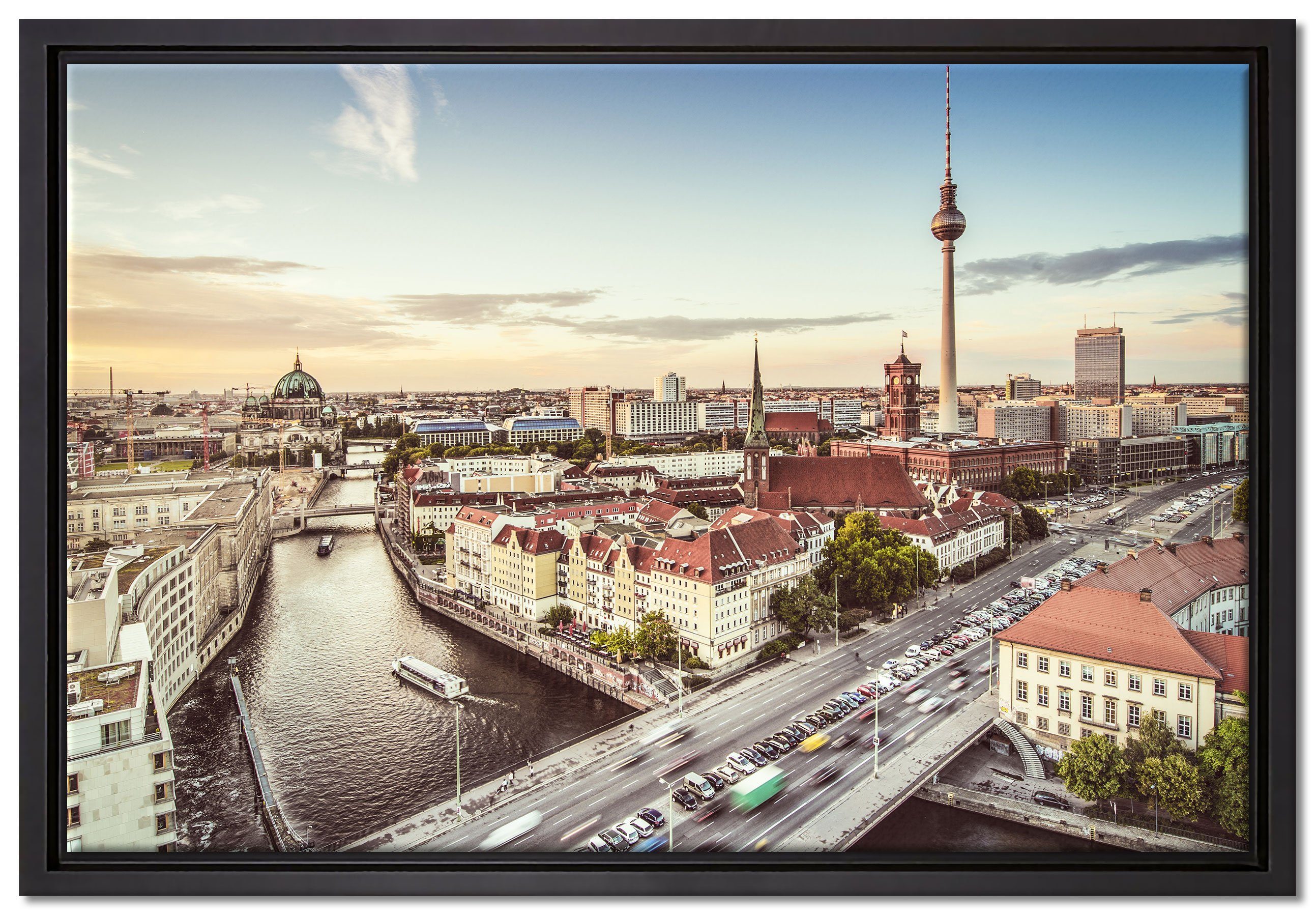 Pixxprint Leinwandbild Skyline von Berlin, Schattenfugen-Bilderrahmen inkl. Wanddekoration Zackenaufhänger bespannt, St), (1 einem fertig gefasst, in Leinwandbild