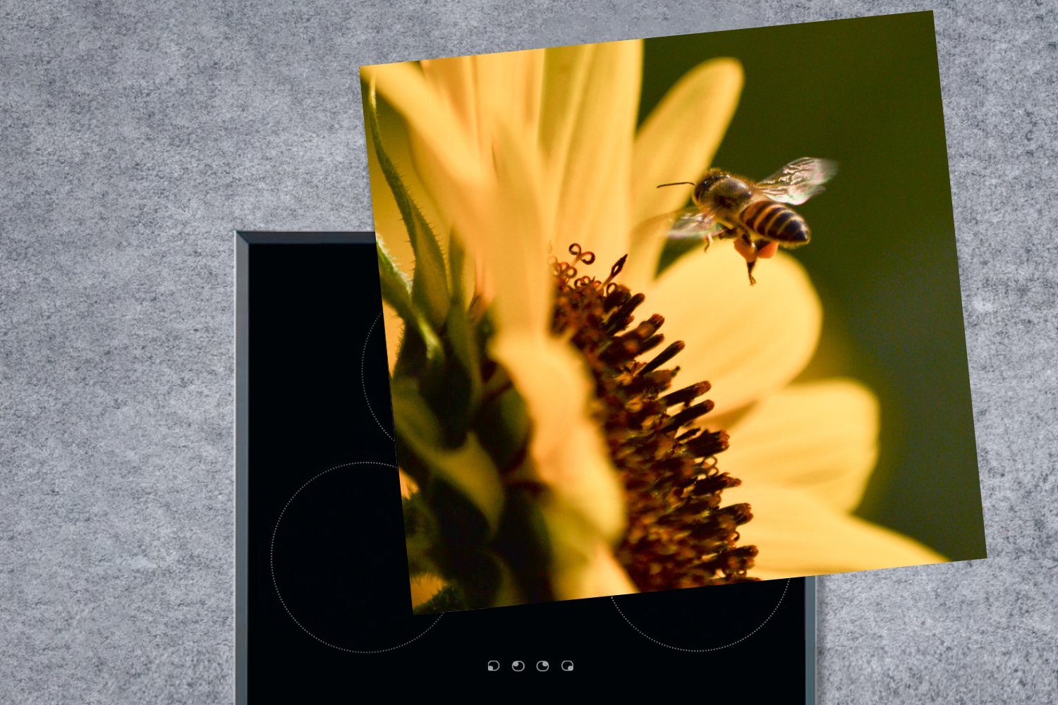 78x78 Arbeitsplatte cm, Herdblende-/Abdeckplatte mit MuchoWow Biene, Ceranfeldabdeckung, Sonnenblume (1 einer küche Vinyl, tlg), fliegenden für Eine