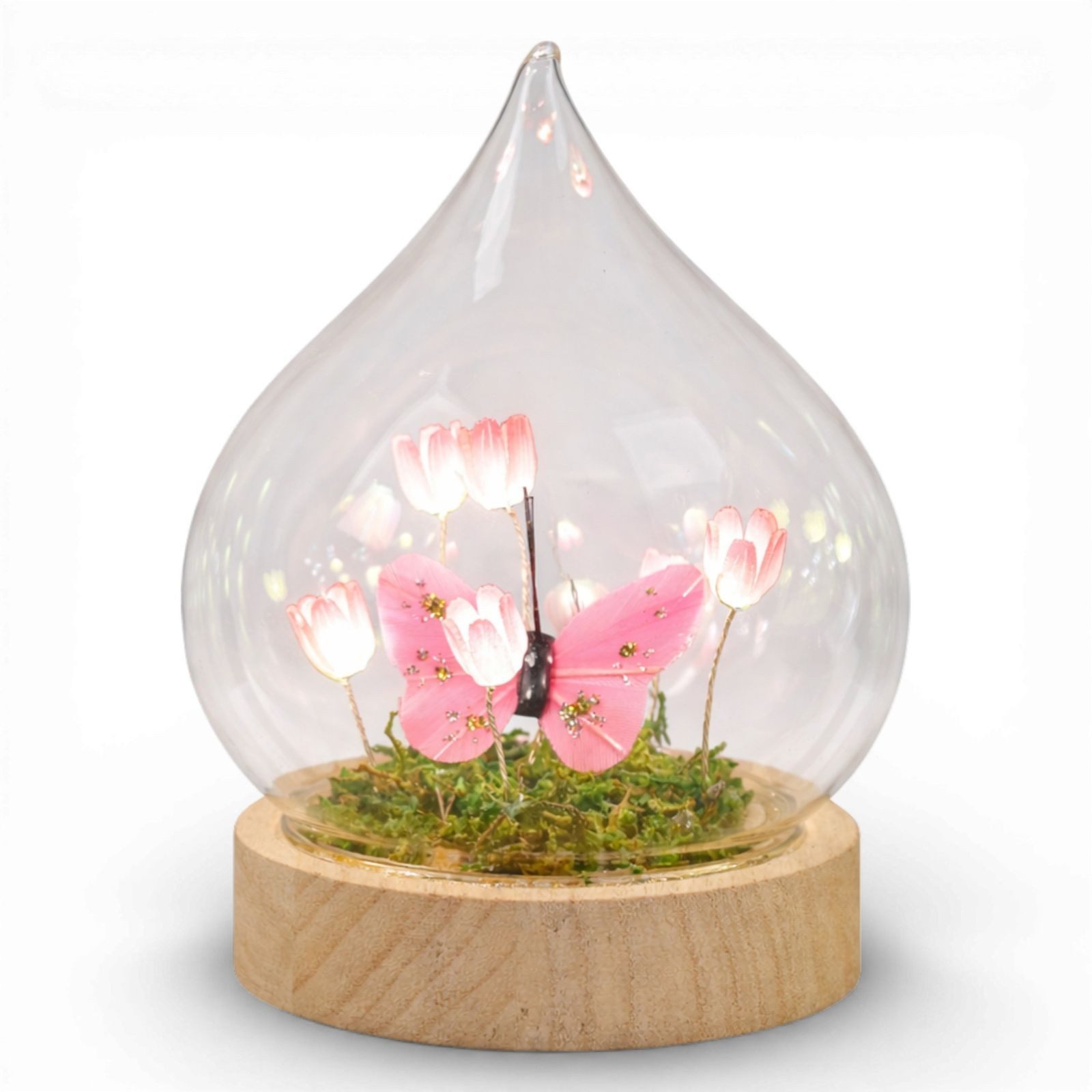 Kremers Schatzkiste LED Dekolicht LED Deko Tropfen Blumen Schmetterling Glaskugel Sockel & Timer 14 cm, LED fest integriert