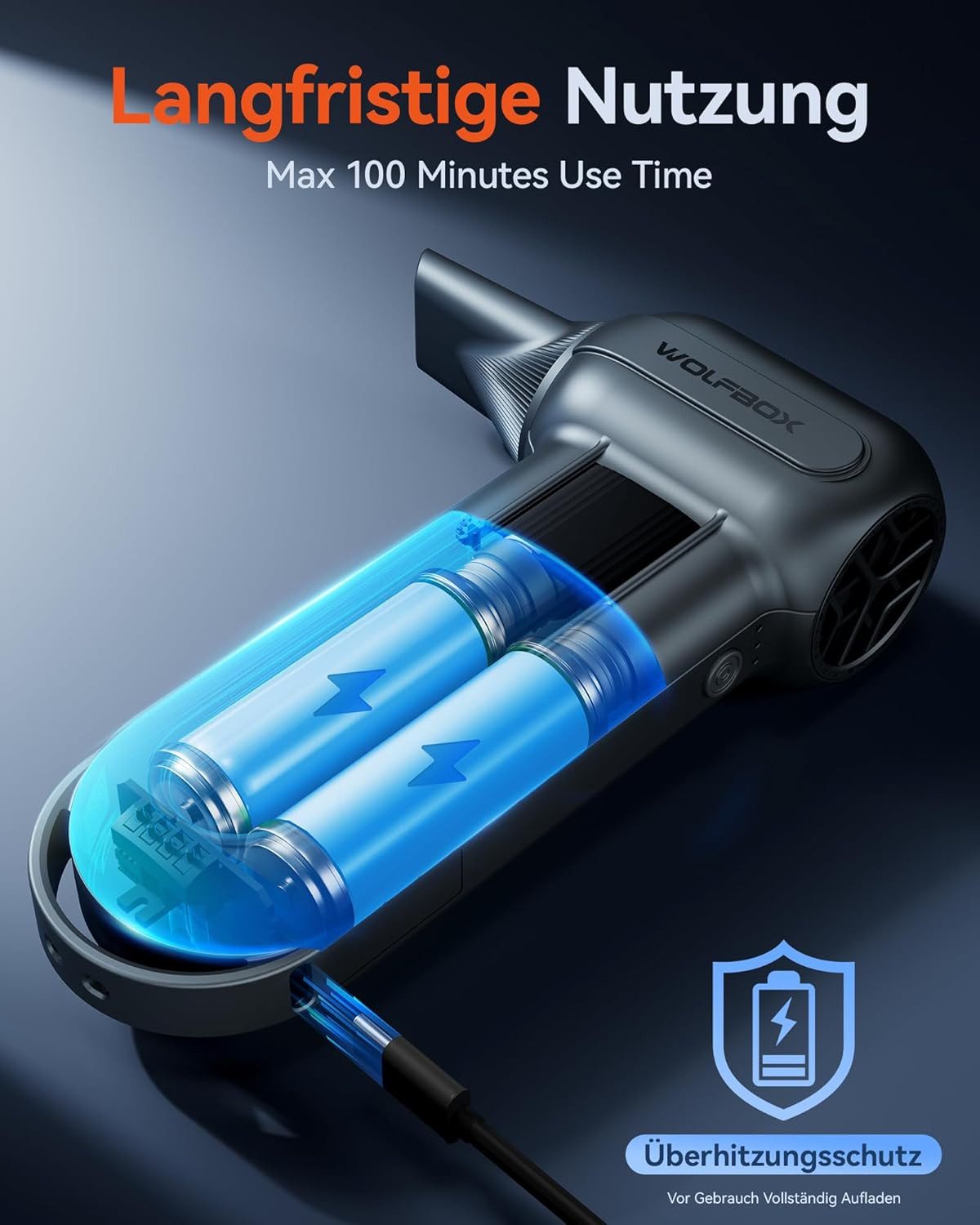 WOLFBOX Akku-Handstaubsauger Electric Air Duster mit drei einstellbaren Geschwindigkeitsstufen, 3-Gang-Staubgebläse, 150000 U/min, mit 5 Düsen und 2 Bürsten