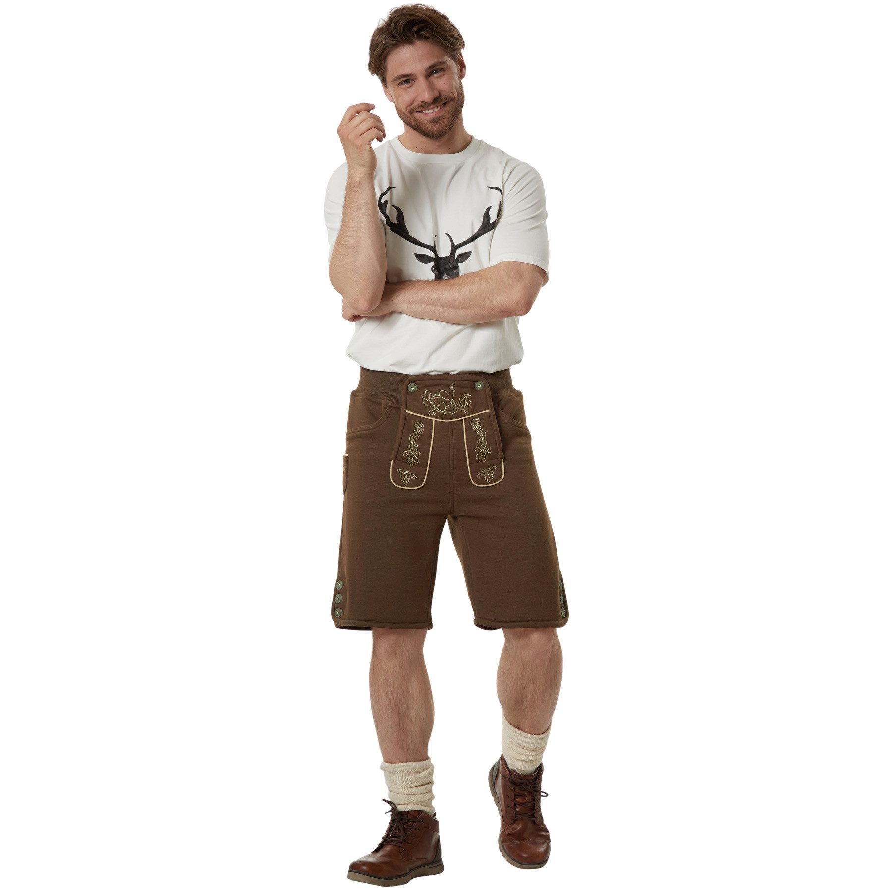 dressforfun Trachtenhose Kurze Oktoberfest-Hose in Leder-Optik aus weichem Fleece mit (Herrenhose Lenni, für Volksfeste in Braun) 4 praktische Hosentaschen, pflegeleicht und vielseitig kombinierbar