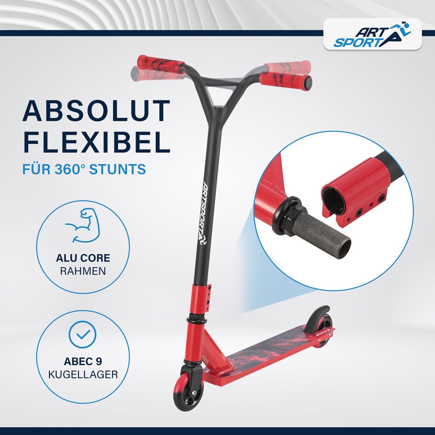 ArtSport Stuntscooter Red Smoke, Alu Core, 360°-Lenker mit TPR-Grips, stabil und leicht