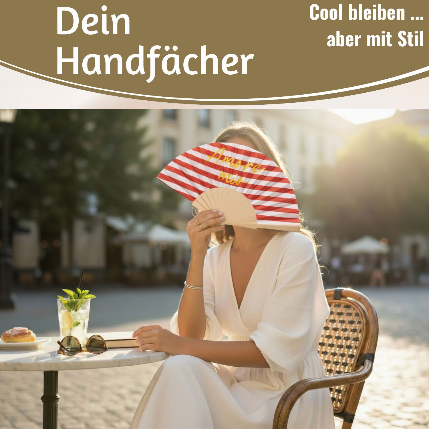 LS-LebenStil Handfächer Holz Stoff Fächer "Amore Mio" Rot Weiß Gelb faltbar Faltfächer, (hochwertig aus Holz mit Stoff und coolem lustigem Spruch, 1-tlg., Styliche Abkühlung), für Geburtstag, Hochzeit, Party oder als Wand Dekoration