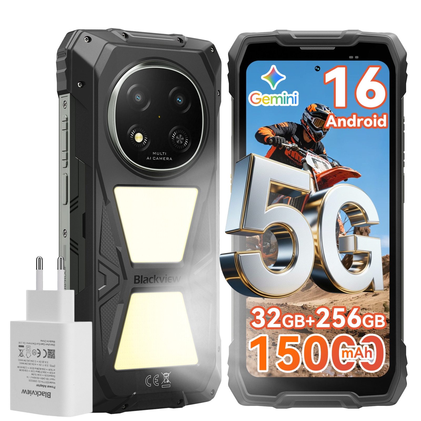 blackview ROCK 2 Pro 5G, 15000 mAh, 400 Lm Campinglicht incl. 45W Ladegerät Smartphone (16,94 cm, 256 GB Speicherplatz, 13 MP Kamera, Campinglicht, SOS-Modus, OTG Reverse Charging, Glove Mode, 33W)
