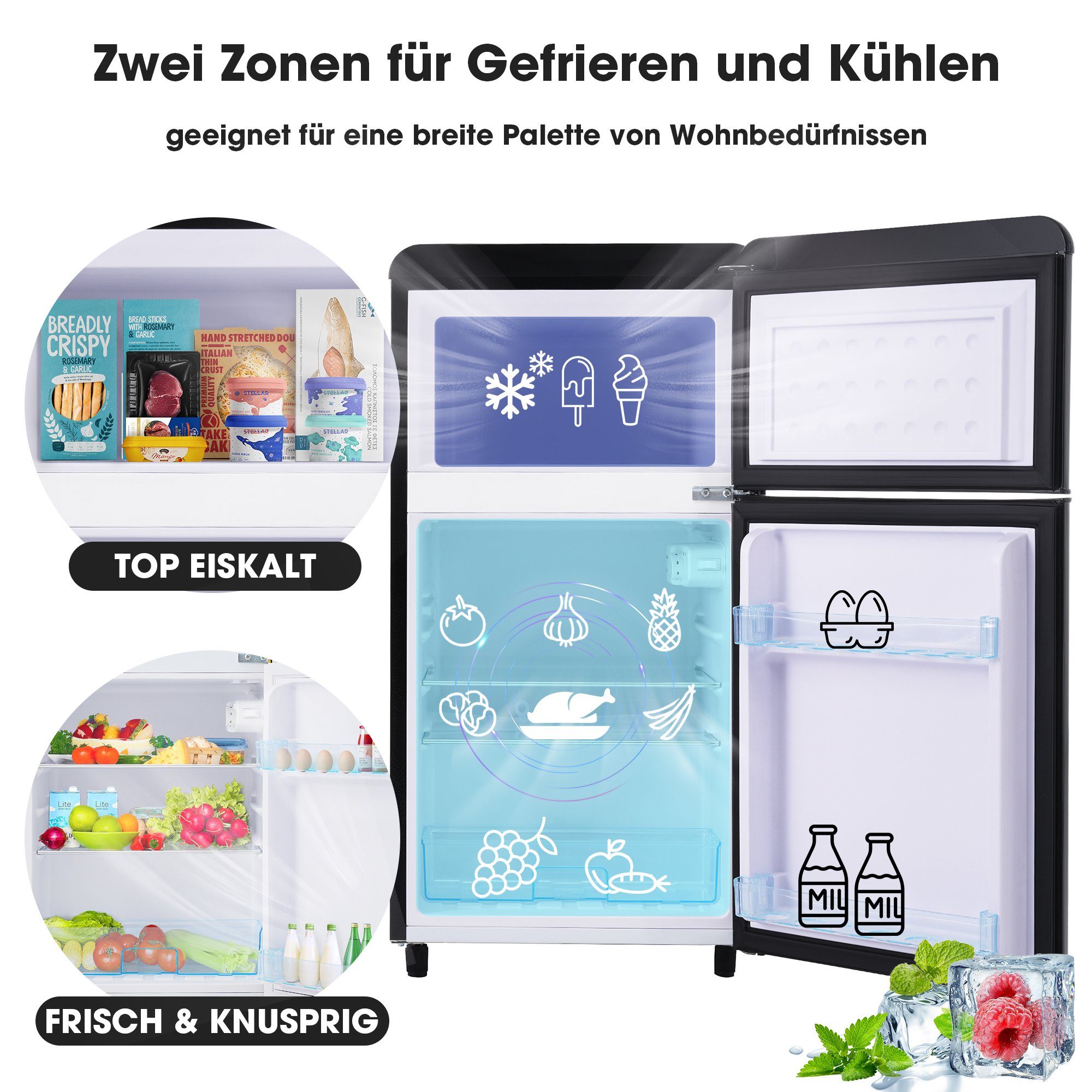 Merax Table Top Kühlschrank Retro Kühl-/Gefrierkombination BCD-100C, 89 cm hoch, 45 cm breit, 72 Liter, Metall Türgriff, verstellebare Ablage und Füße
