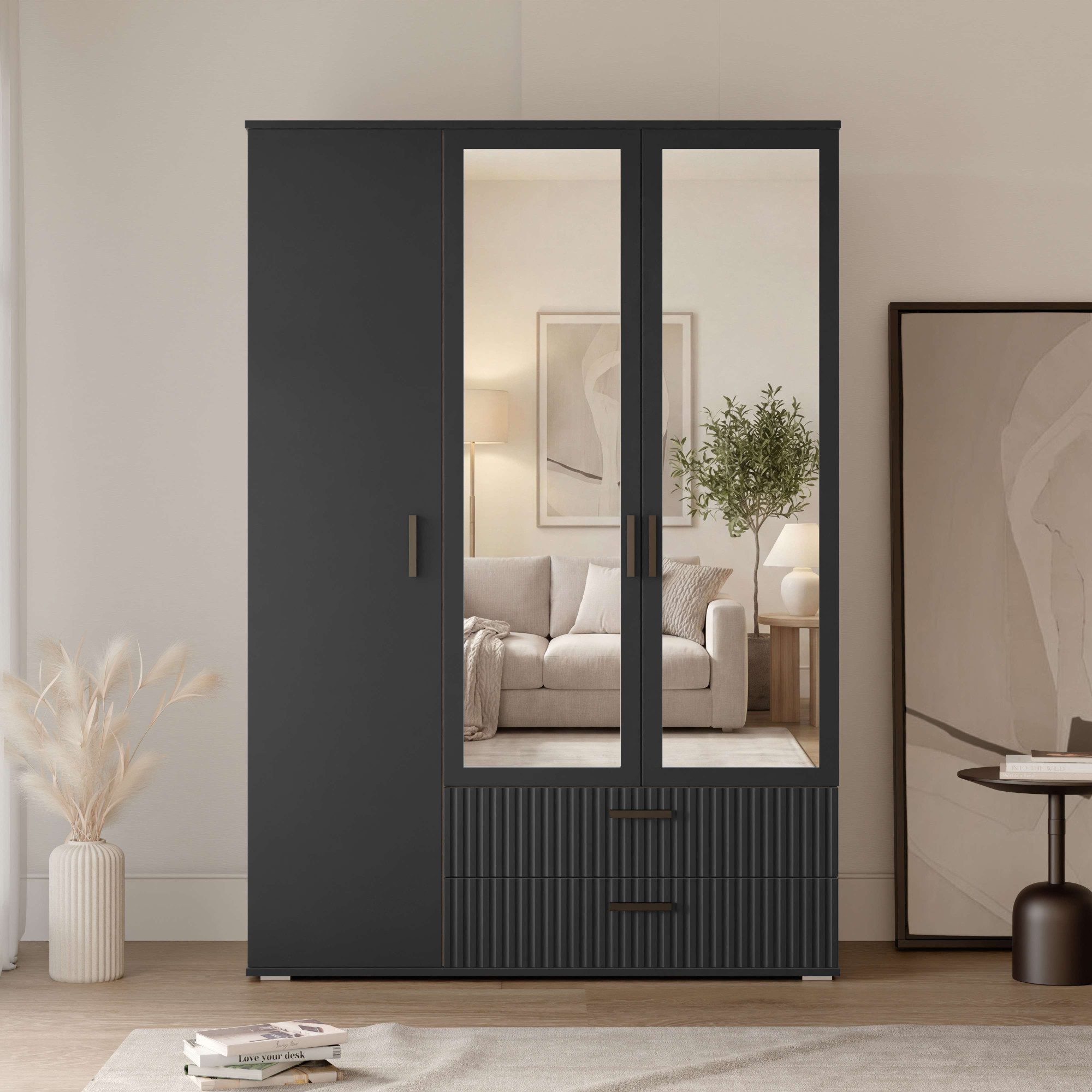 OTTO home Kleiderschrank KOLLINE, modern mit viel Stauraum & geriffelter Struktur (H/B/T ca. 190/135/52cm) Garderobe mit 8 oder 4 Fächer, Kleiderstange, 2 Schubladen, Spiegel